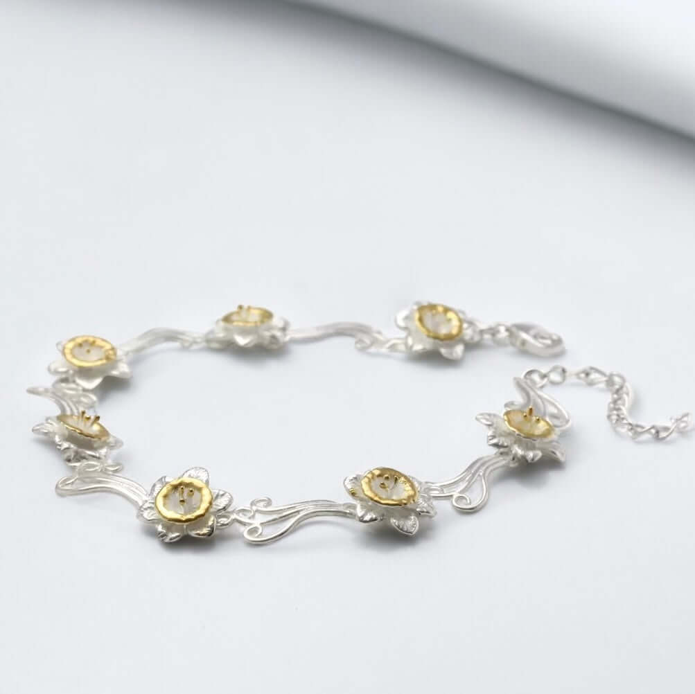 Daffodil Flower Bracelet In Sterling Silver With 14 Carat Gold - Twelve Silver Trees