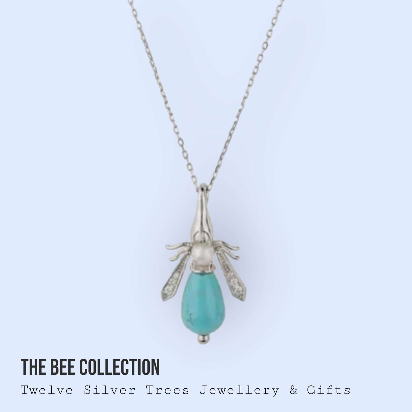 Turquoise & Pearl Gemstone Bee Pendant Sterling Silver Necklace - Twelve Silver Trees