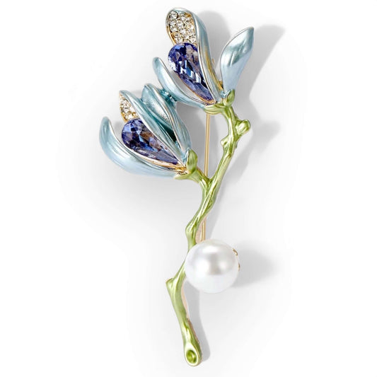 Elegant Enamel Magnolia Flower Brooch - Twelve Silver Trees