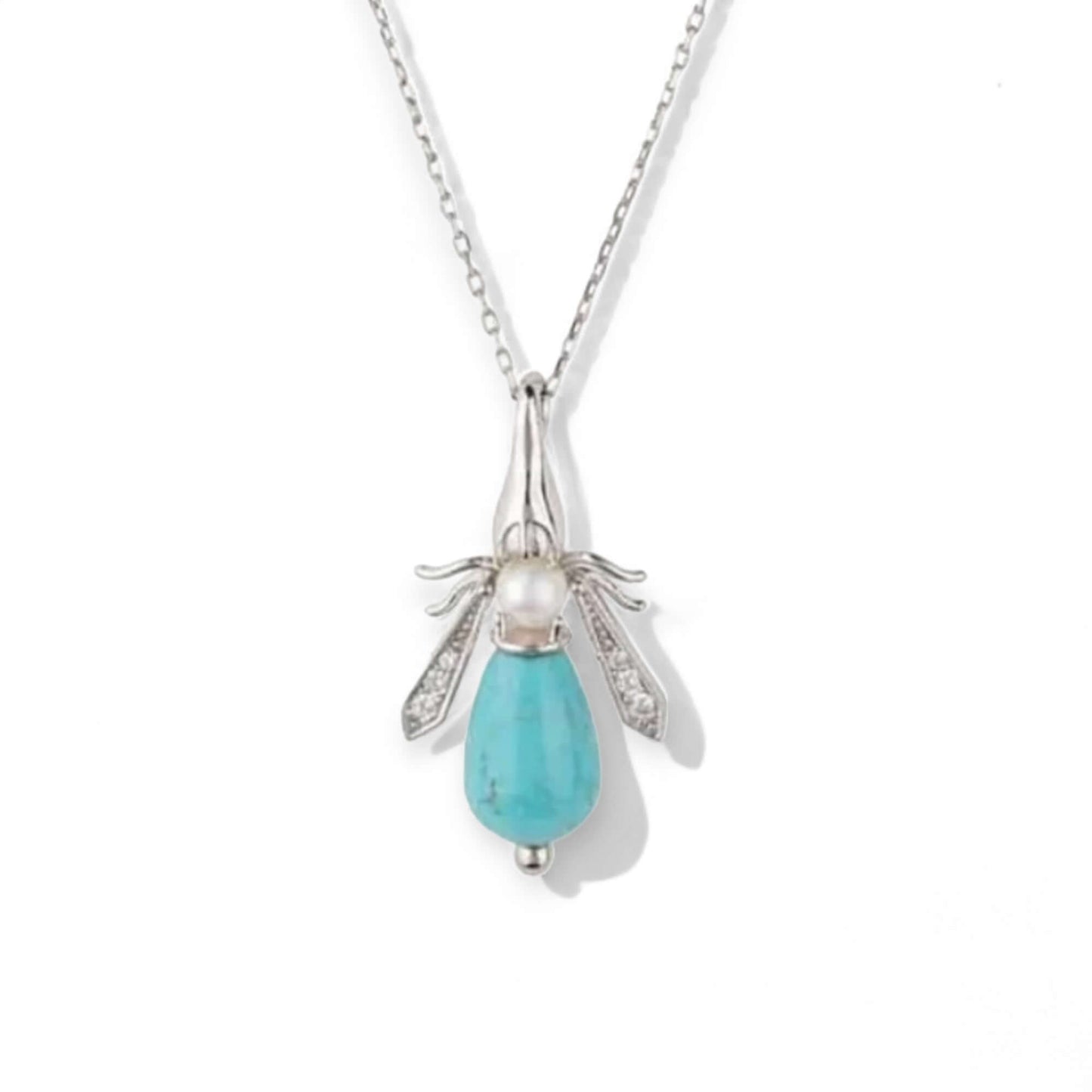 Turquoise & Pearl Gemstone Bee Pendant Sterling Silver Necklace - Twelve Silver Trees