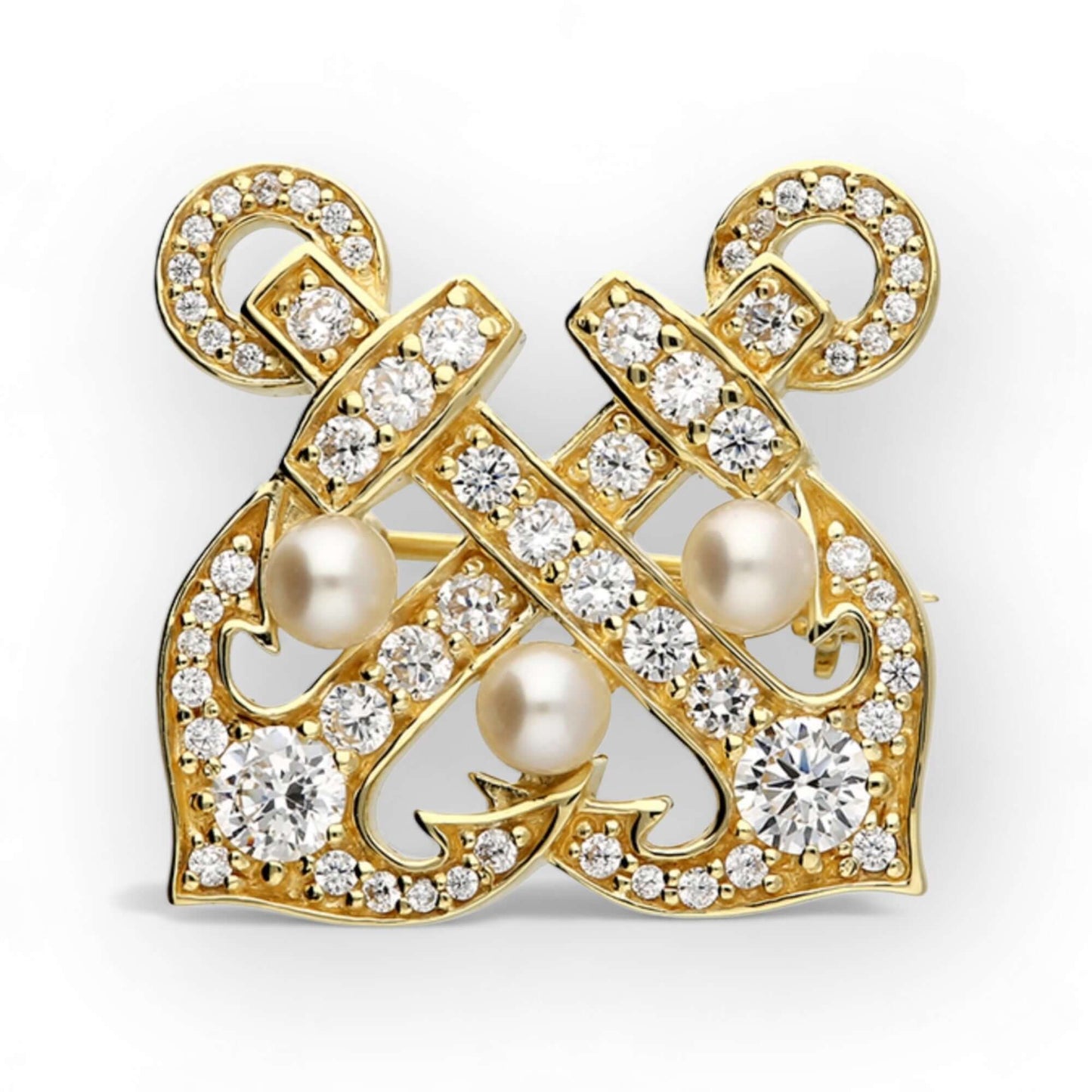 Vintage-Style Double Anchor Brooch with Freshwater Pearls - Sterling Silver & 18 Carat Gold - Twelve Silver Trees