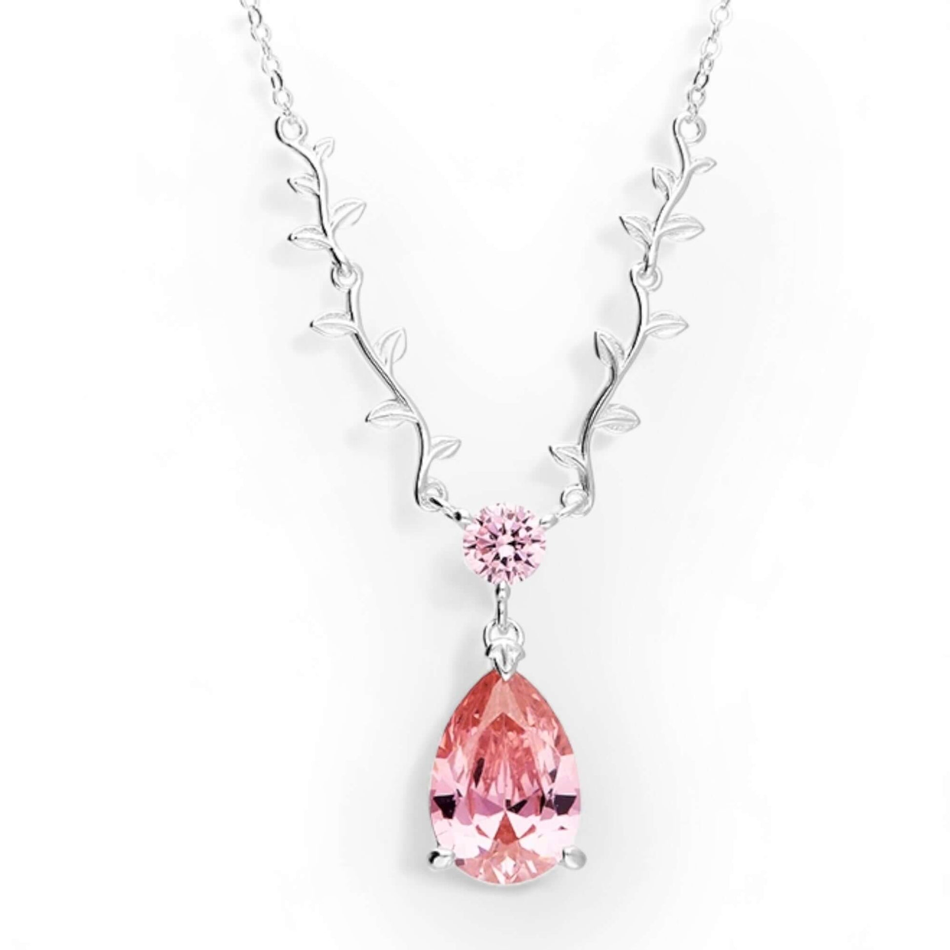 Pink Teardrop Vine leaf Necklace in Sterling Silver - Twelve Silver Trees