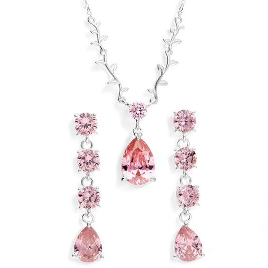 Pink Teardrop Vine Leaf Necklace & Complimenting Earring Set - Twelve Silver Trees