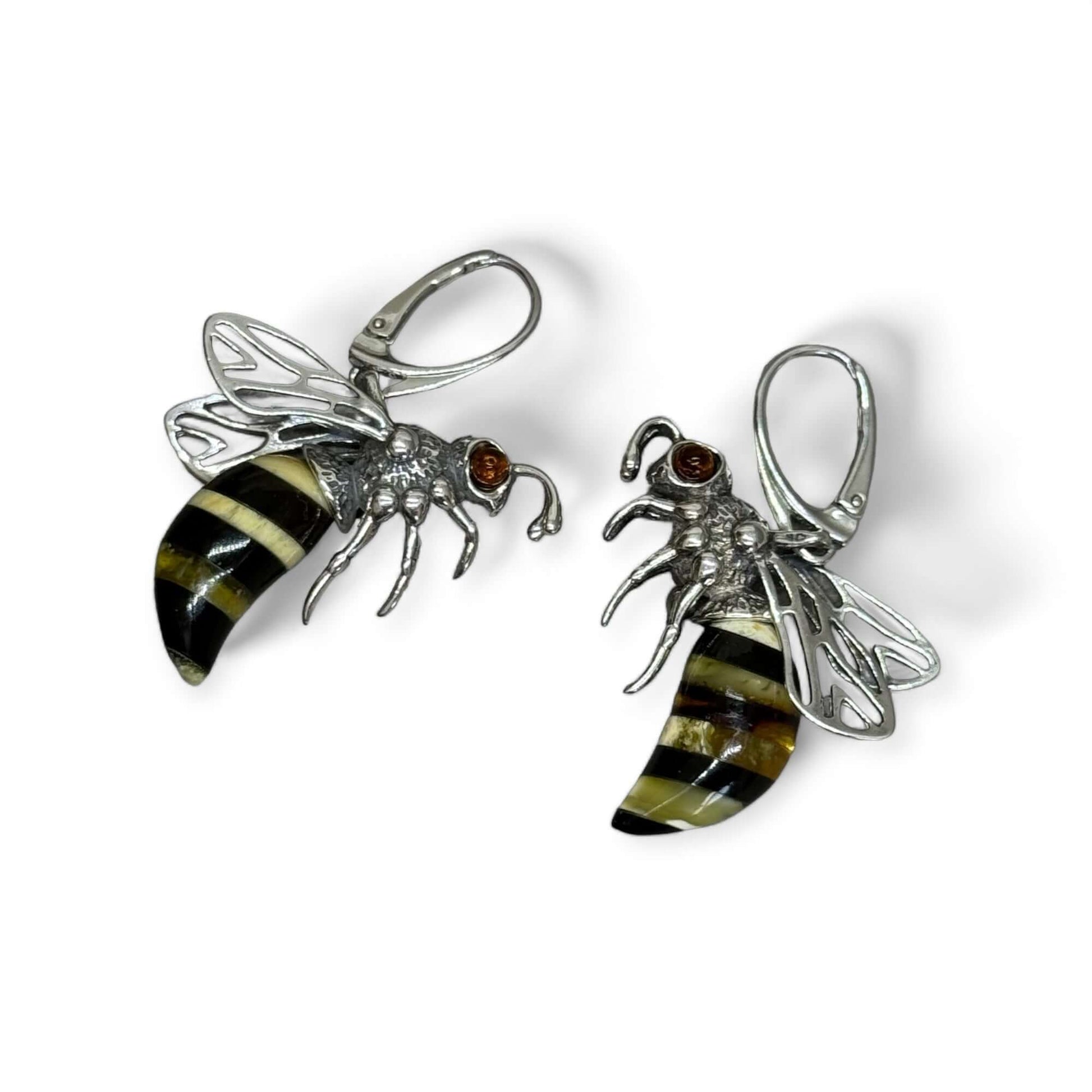 Baltic Amber Large Bee Sterling Silver Lever Back Earrings - Twelve Silver Trees