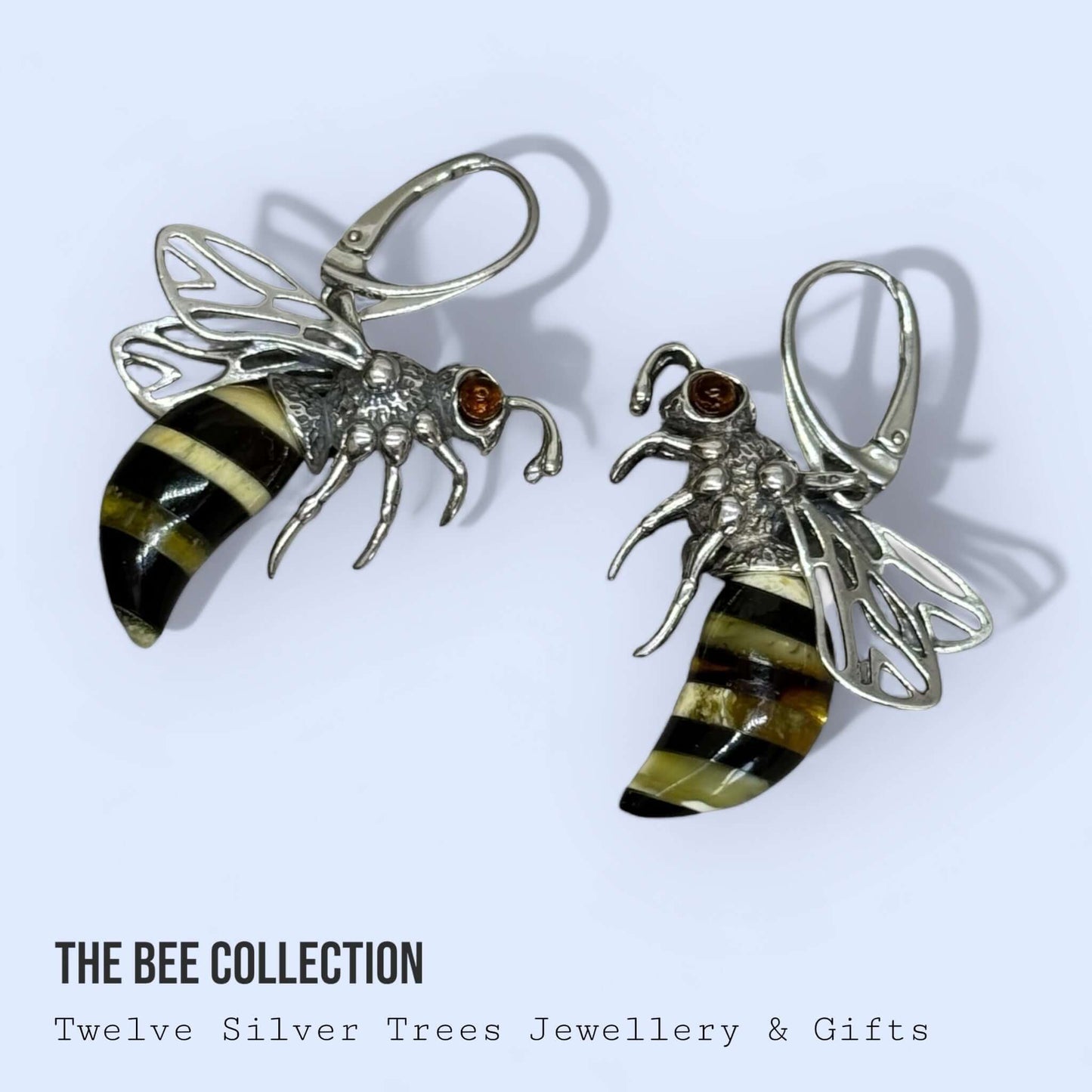 Baltic Amber Large Bee Sterling Silver Lever Back Earrings - Twelve Silver Trees