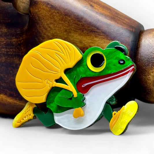 Handmade Acrylic Art Brooch - The Sprinting Frog
