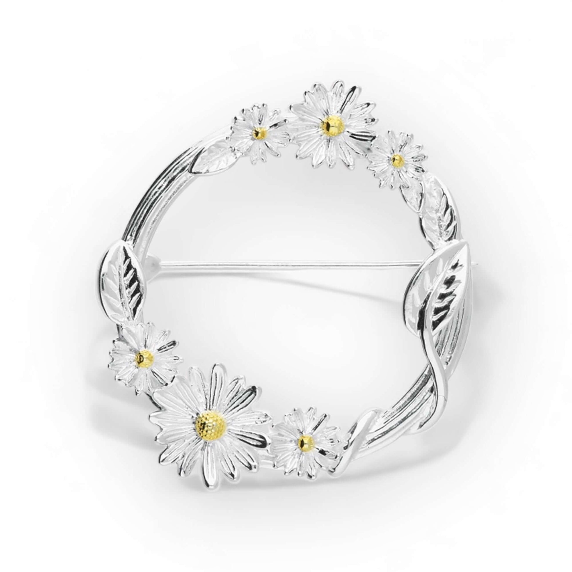 Daisy & Vine Leaves Two Tone Sterling Silver Flower Brooch - Twelve Silver Trees