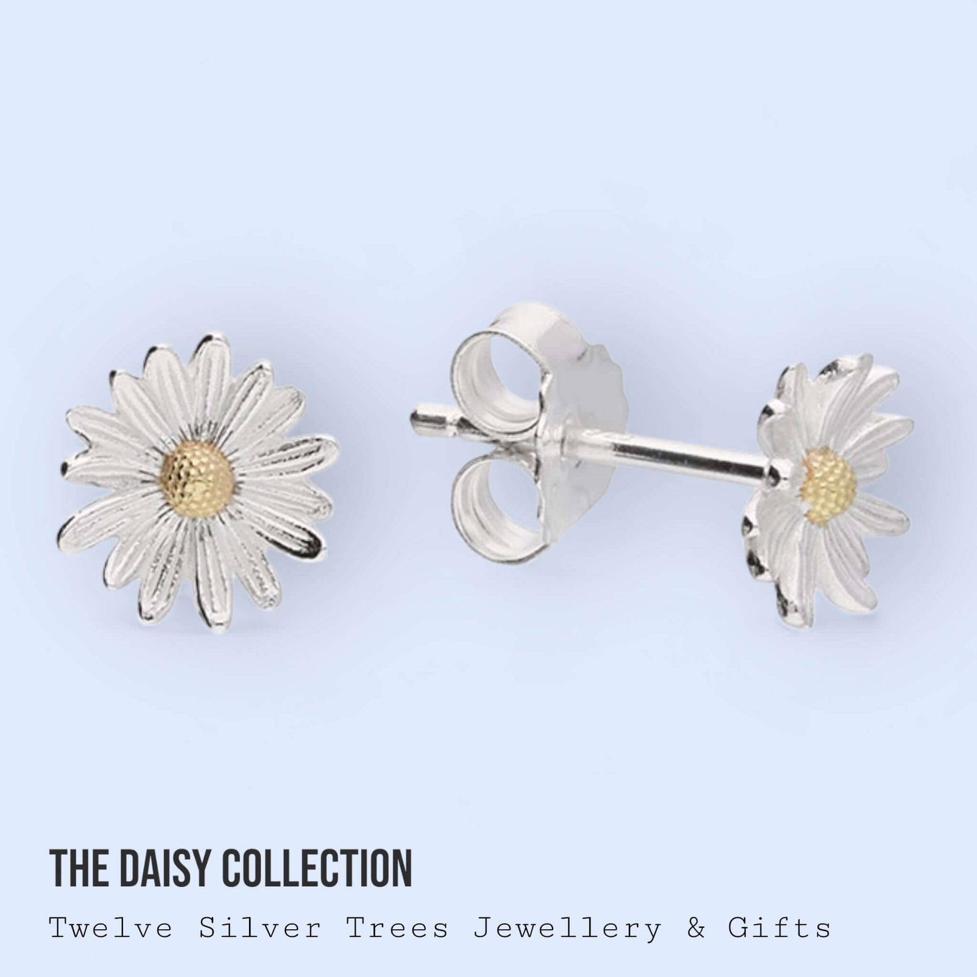 Daisy Stud Earrings in Sterling Silver & 18 Carat Gold April Birth Flower - Twelve Silver Trees