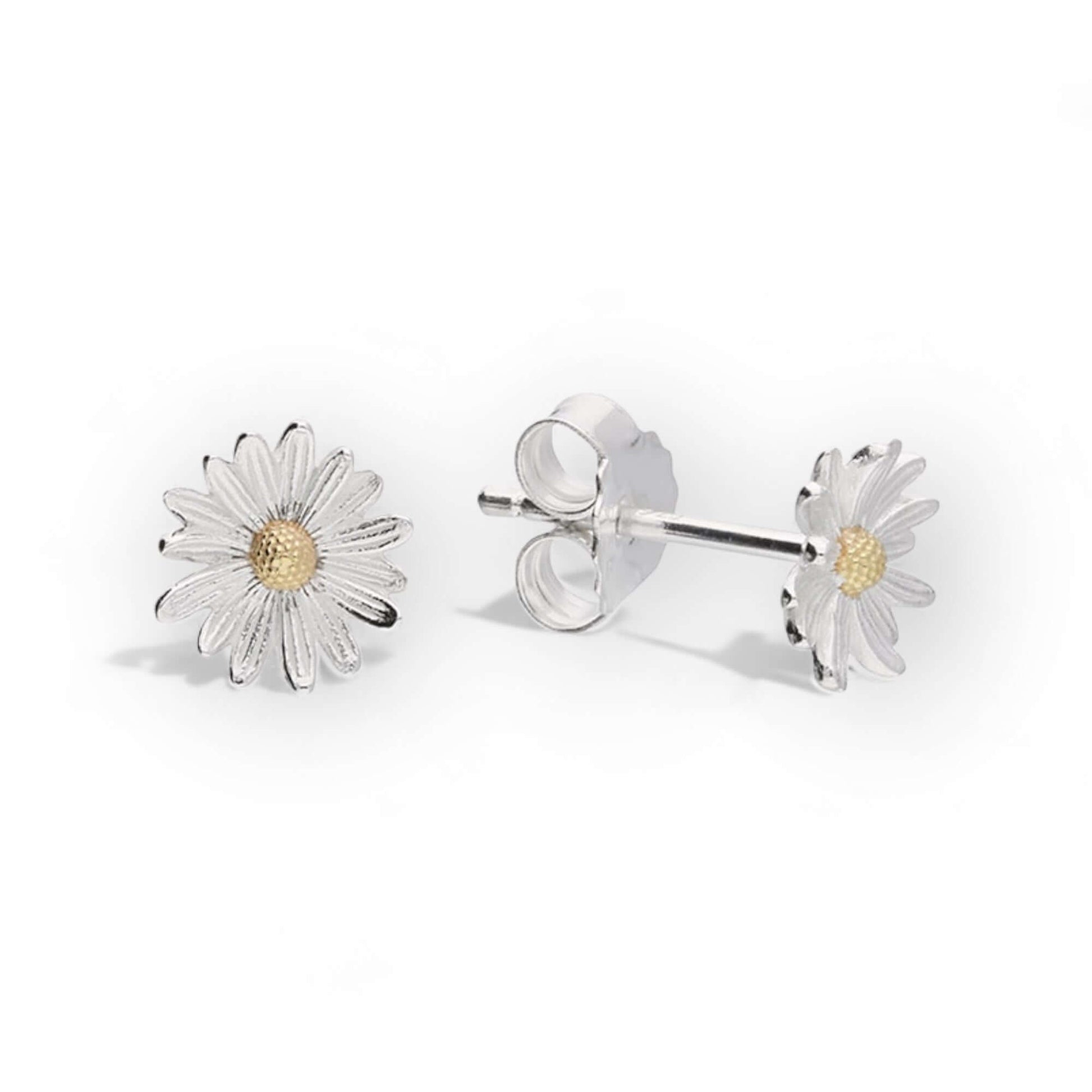 Daisy Stud Earrings in Sterling Silver & 18 Carat Gold April Birth Flower - Twelve Silver Trees