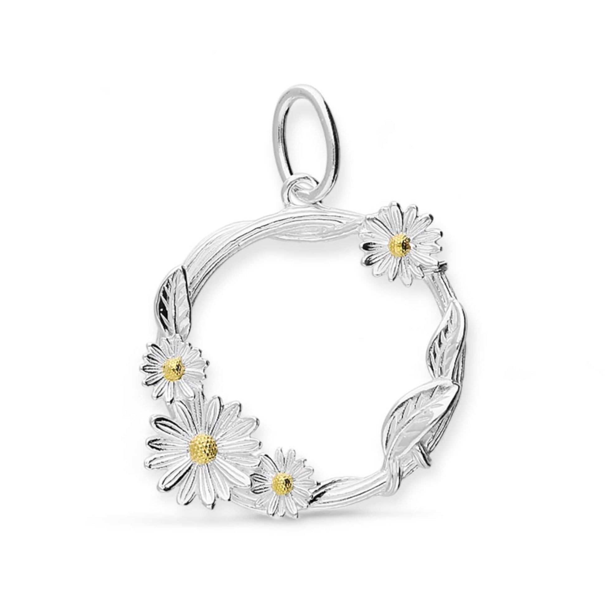 Daisy & Vine Leaves Two Tone Sterling Silver Flower Pendant - Twelve Silver Trees