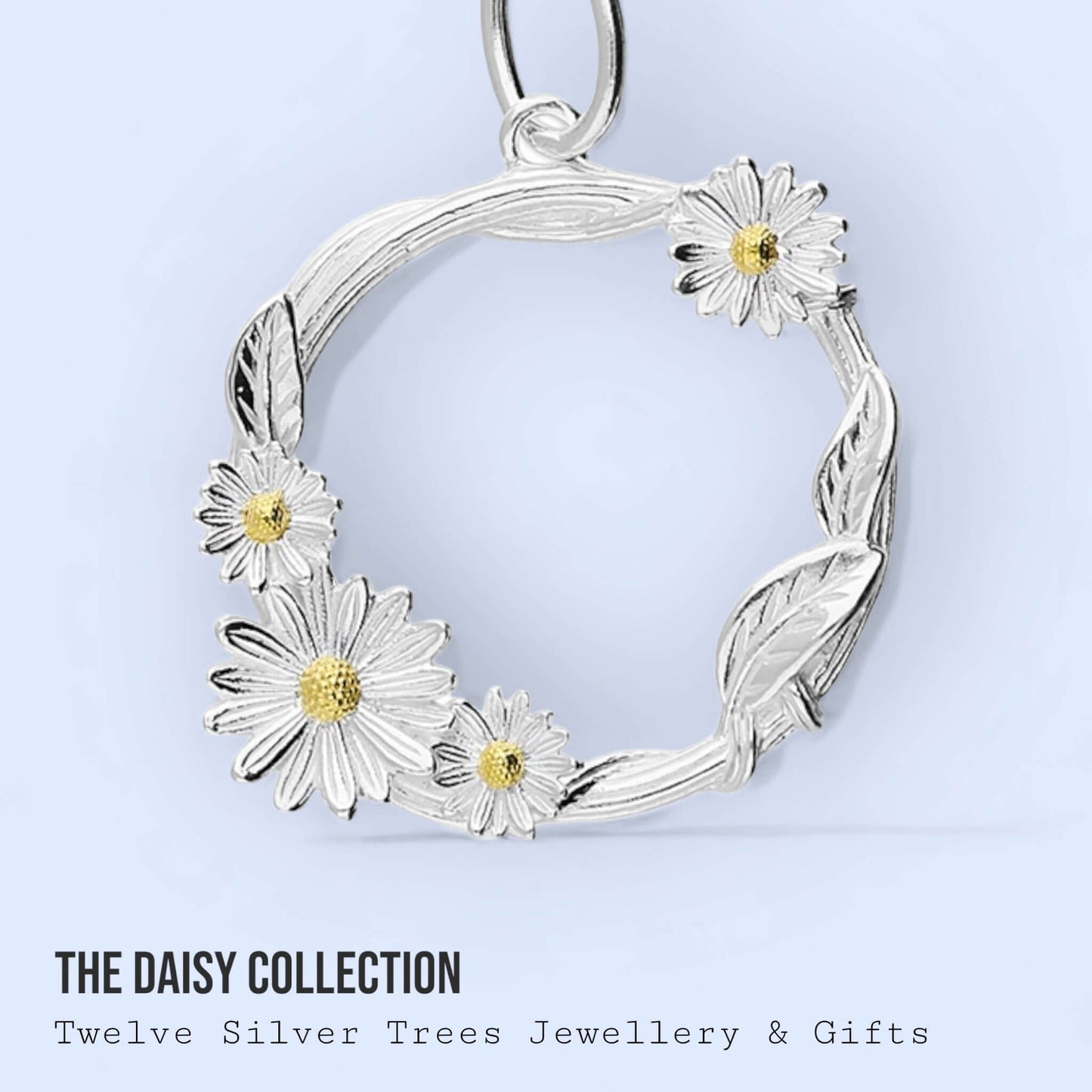 Daisy & Vine Leaves Two Tone Sterling Silver Flower Pendant - Twelve Silver Trees