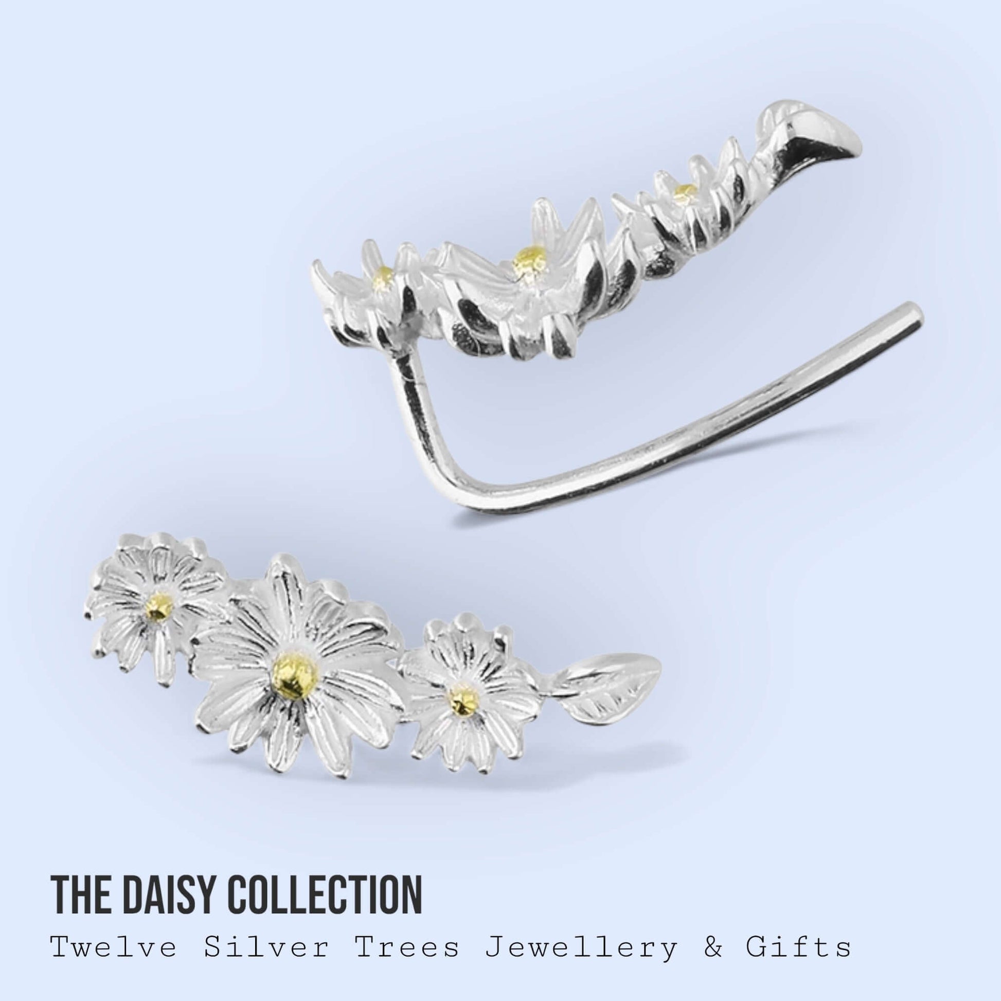 Daisy And Vine Two Tone Sterling Silver Flower Ear Climber Earrings - Twelve Silver Trees