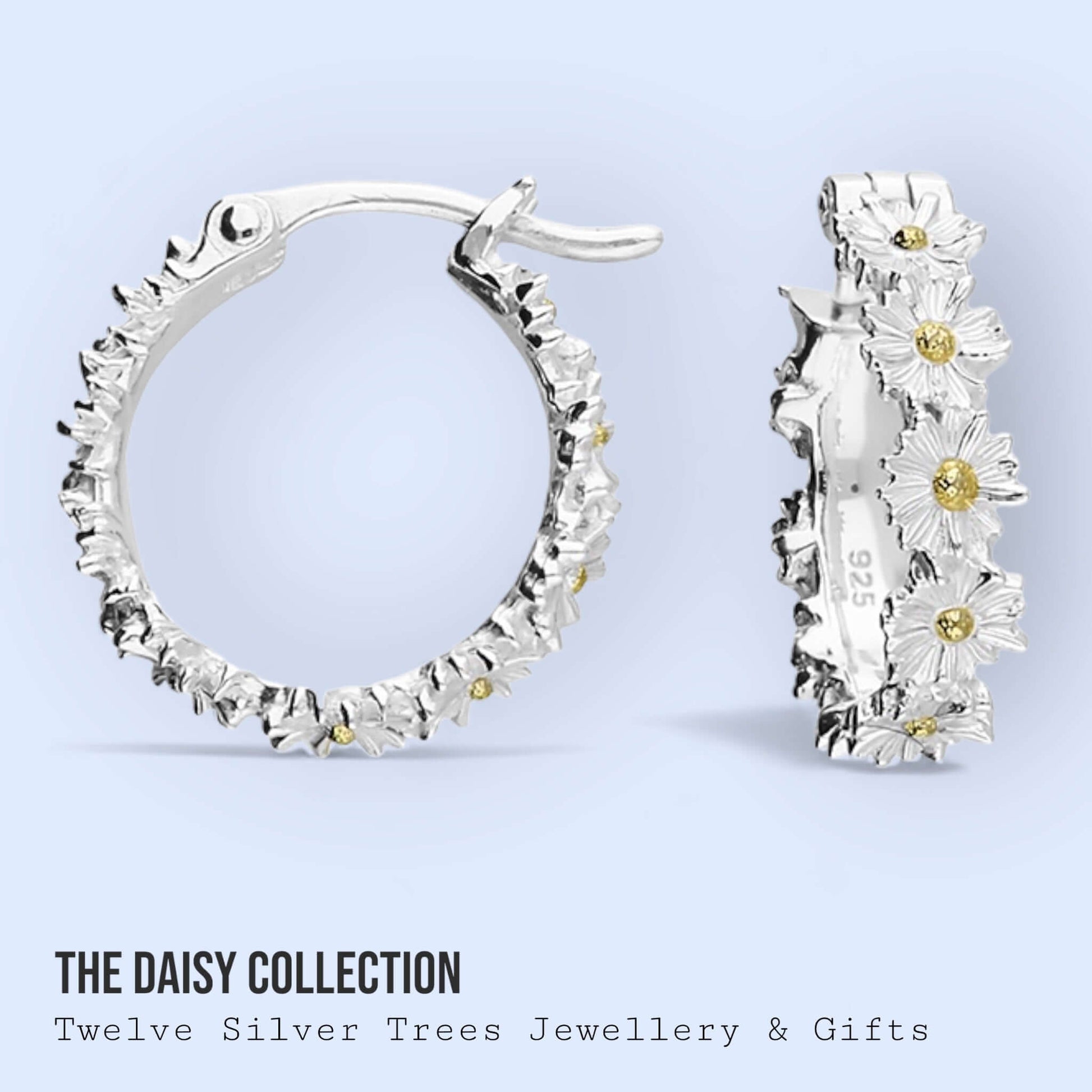 Daisy Chain Two Tone Sterling Silver Hinged Hoop Earrings - Twelve Silver Trees