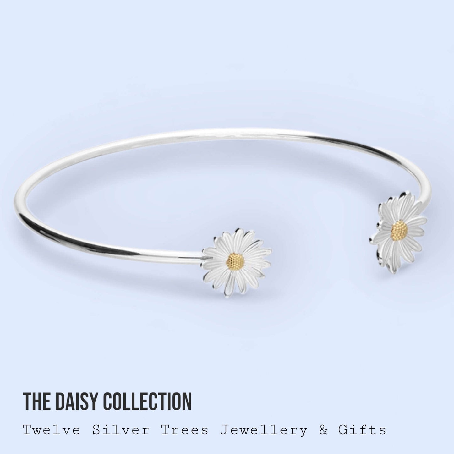 Daisy Two Tone Sterling Silver Flower Cuff Bangle - Twelve Silver Trees