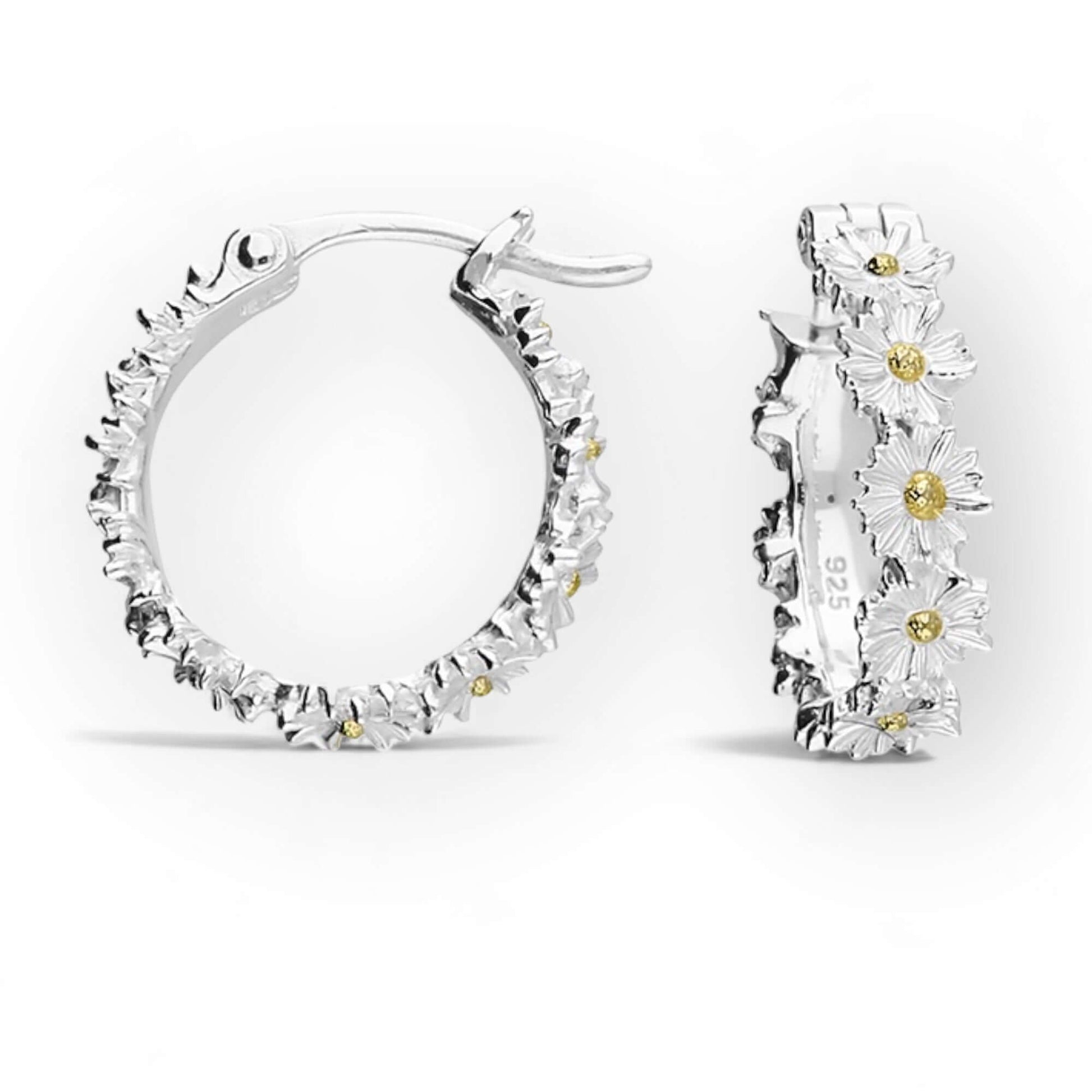 Daisy Chain Two Tone Sterling Silver Hinged Hoop Earrings - Twelve Silver Trees