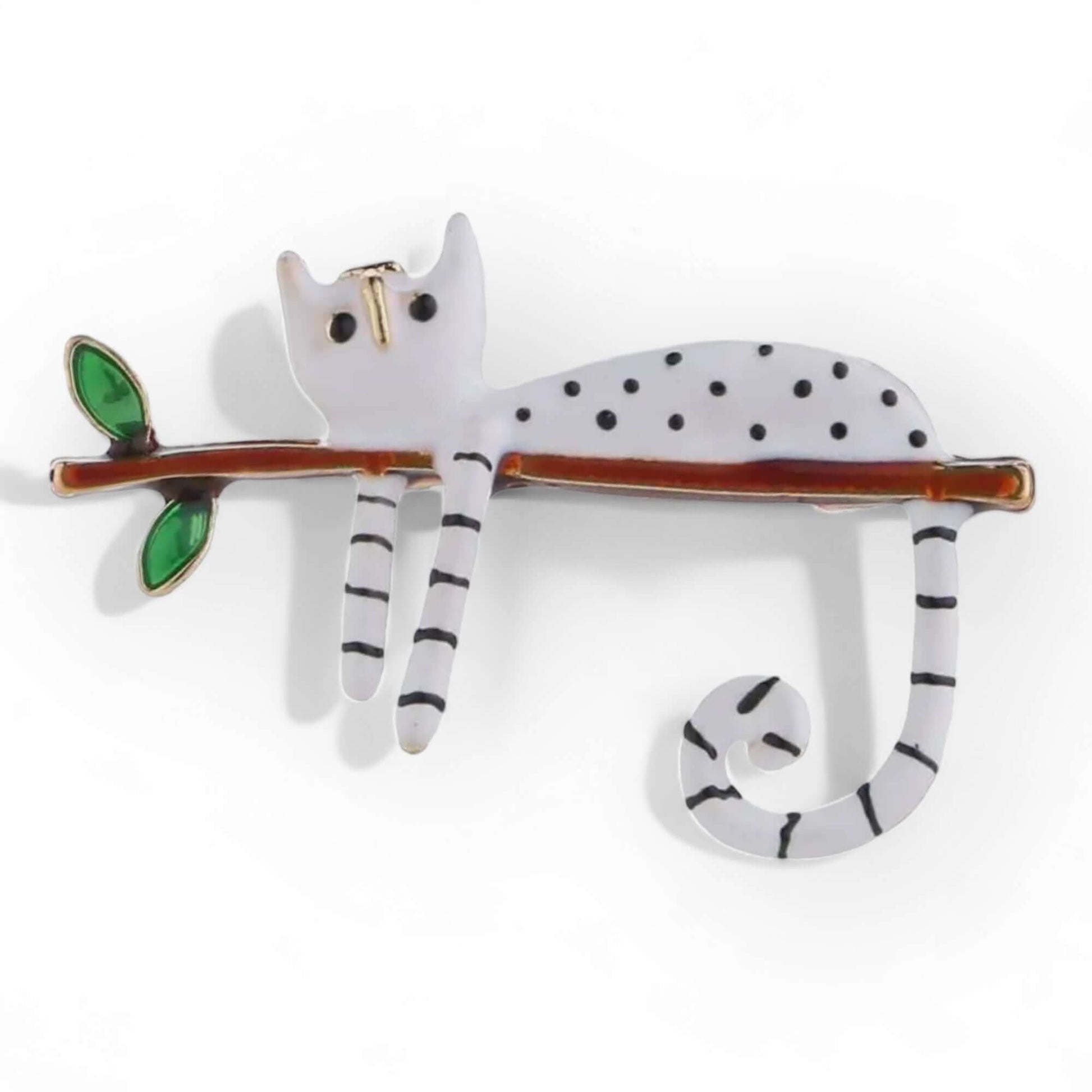 Recumbent Cat White Enamel Fashion Jewellery Brooch - Twelve Silver Trees