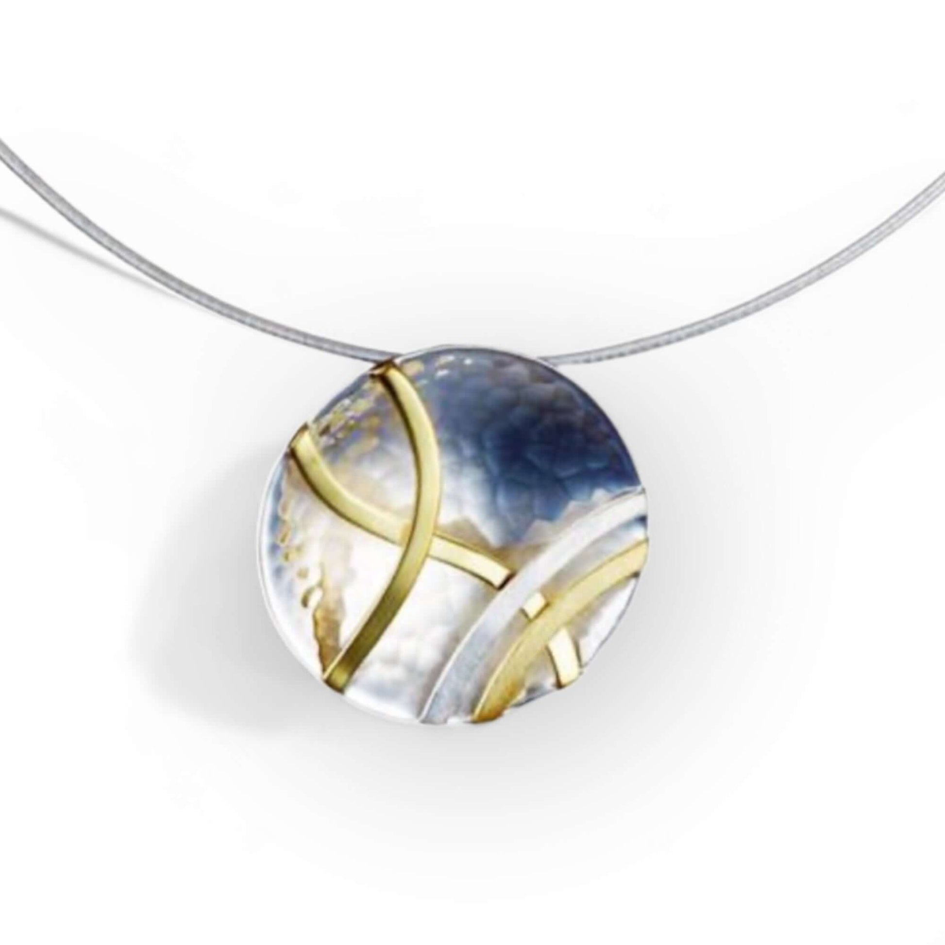 Hammered Sterling Silver Concave Disc Necklace with Linear Brass Details - Twelve Silver Trees