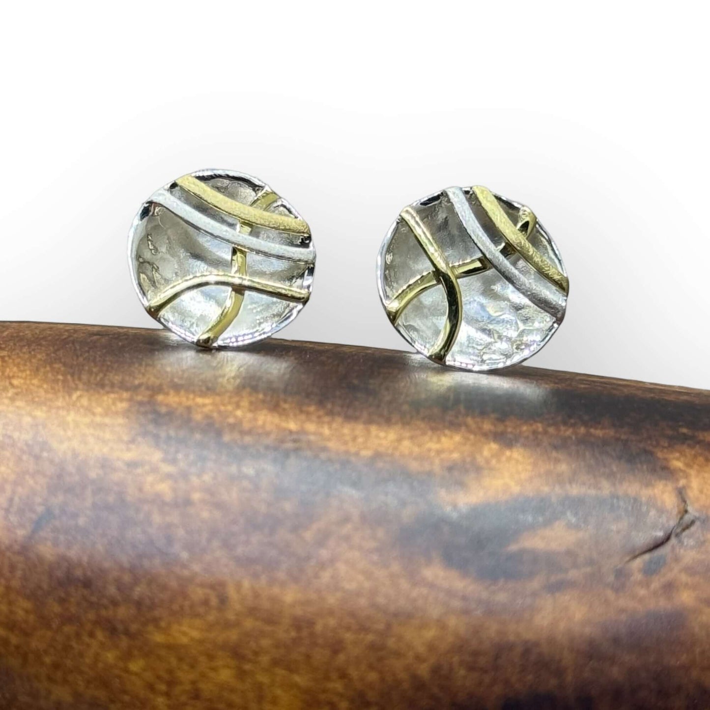 Hammered Sterling Silver Concave Disc Earrings with Linear Brass Details - Twelve Silver Trees