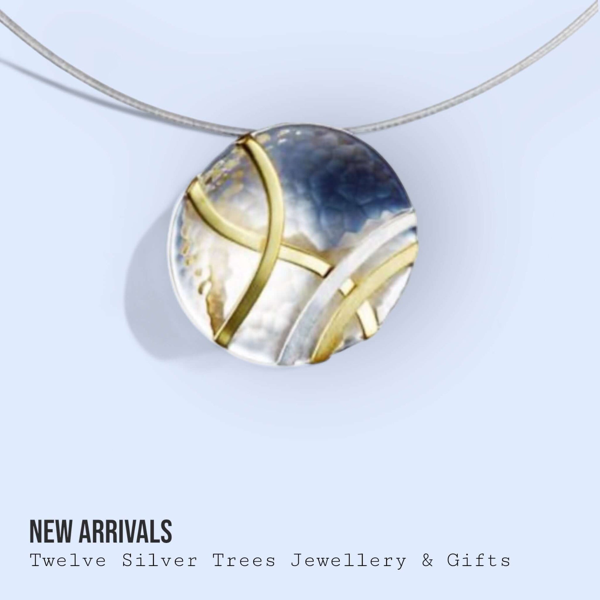 Hammered Sterling Silver Concave Disc Necklace with Linear Brass Details - Twelve Silver Trees