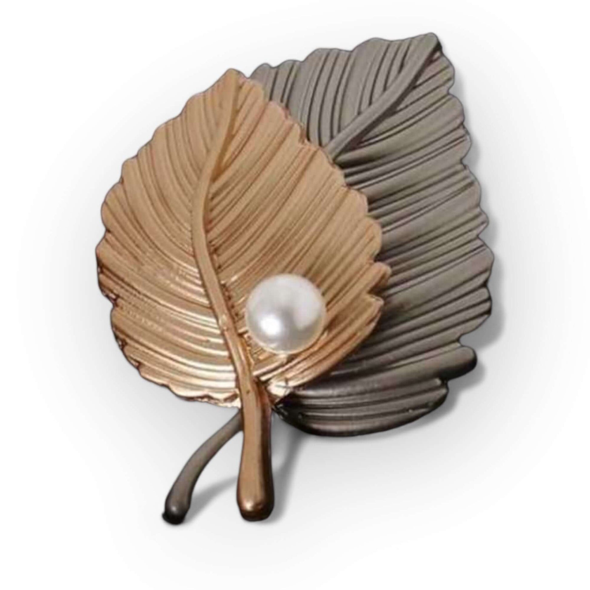 Elegant Dual-Tone Leaf Brooch with Simulated Pearl Accent - Twelve Silver Trees