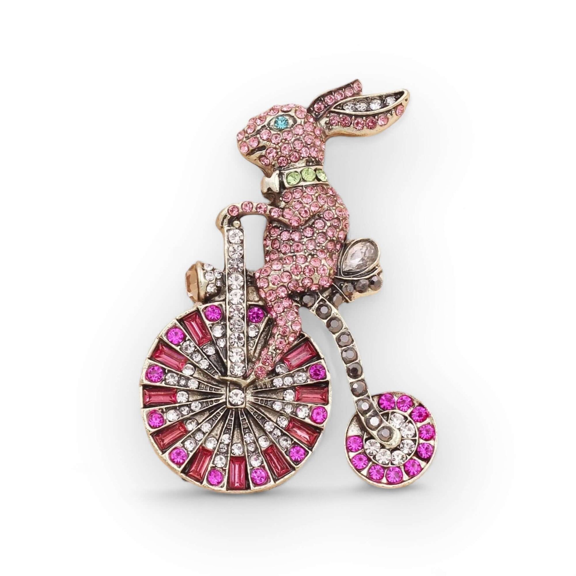 Crystal Embellished Rabbit on Penny Farthing Brooch. - Twelve Silver Trees