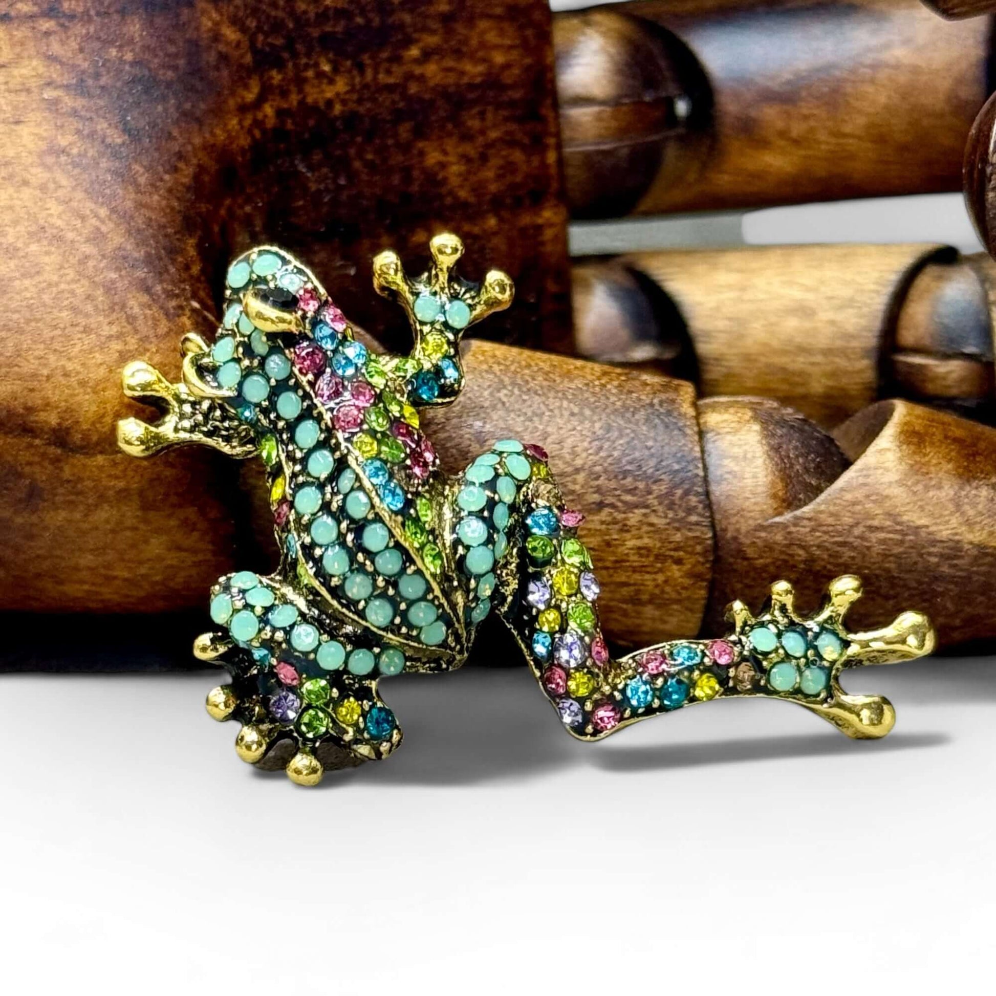 Vibrant Opalescent Rhinestone Frog Brooch - Twelve Silver Trees