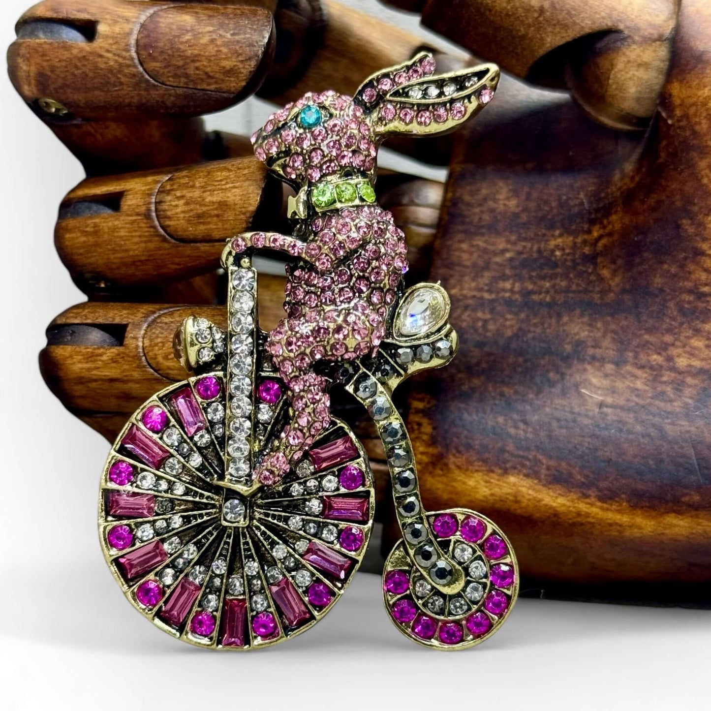 Crystal Embellished Rabbit on Penny Farthing Brooch. - Twelve Silver Trees