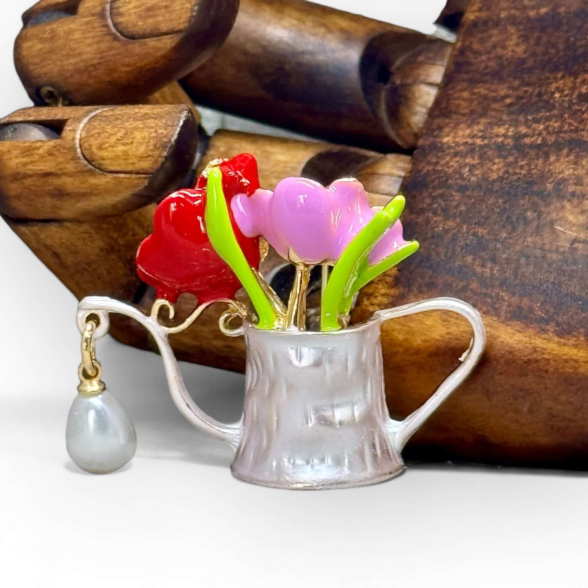 Floral Watering Can Brooch with Enamel Flowers. - Twelve Silver Trees