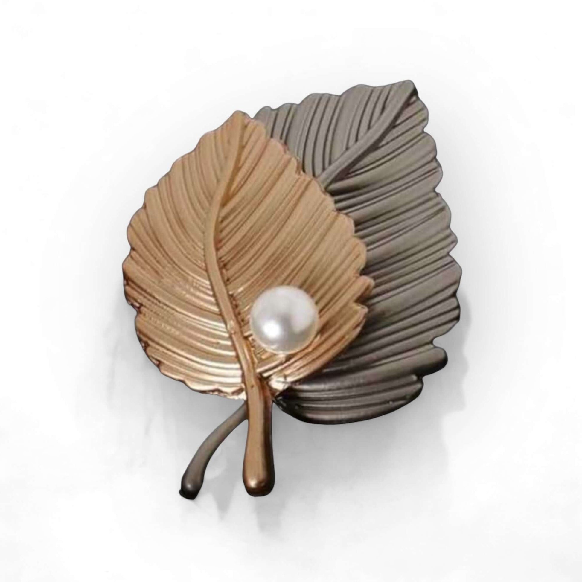 Elegant Dual-Tone Leaf Brooch with Simulated Pearl Accent - Twelve Silver Trees