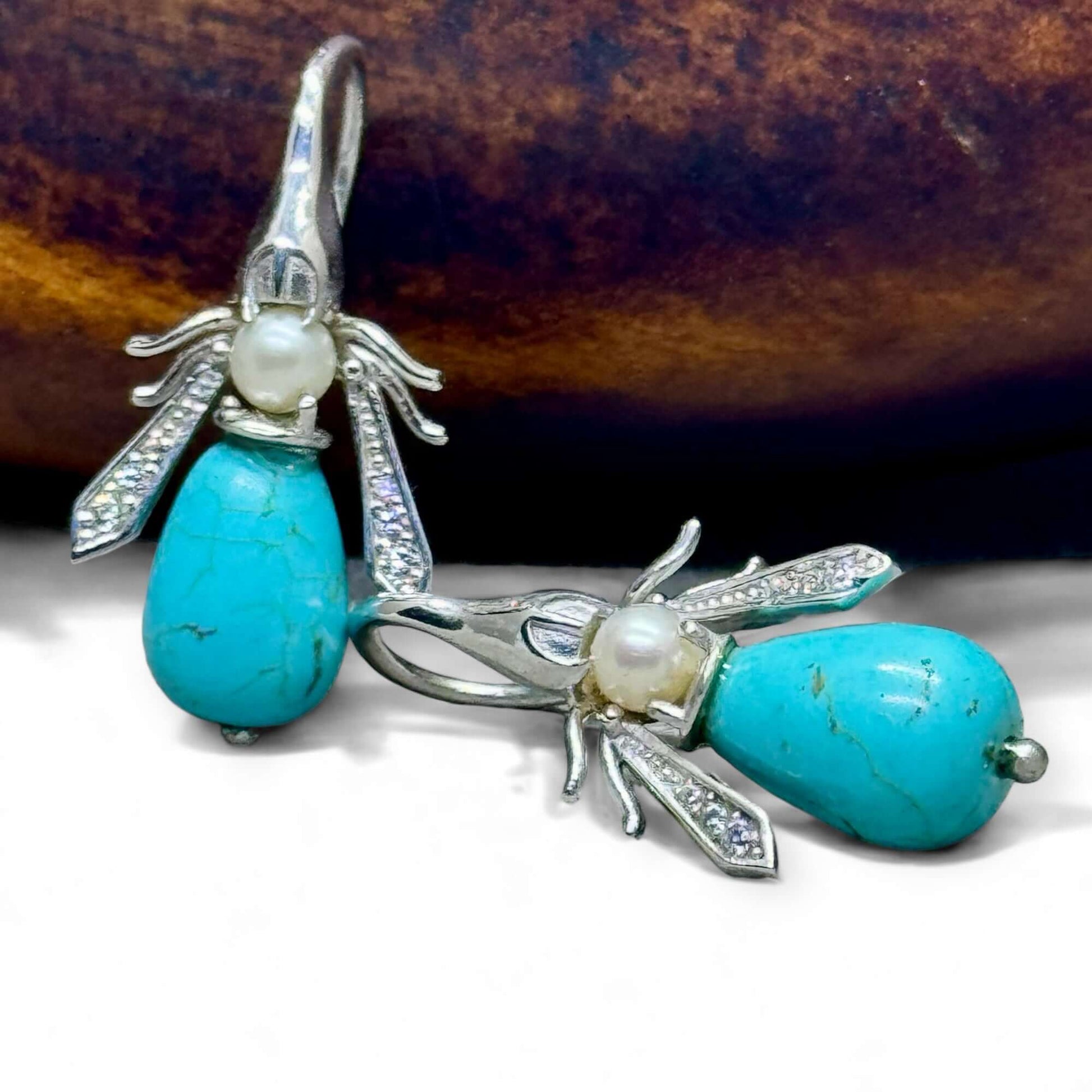 Turquoise And Freshwater Pearl Honey Bee Earrings Silver - Twelve Silver Trees