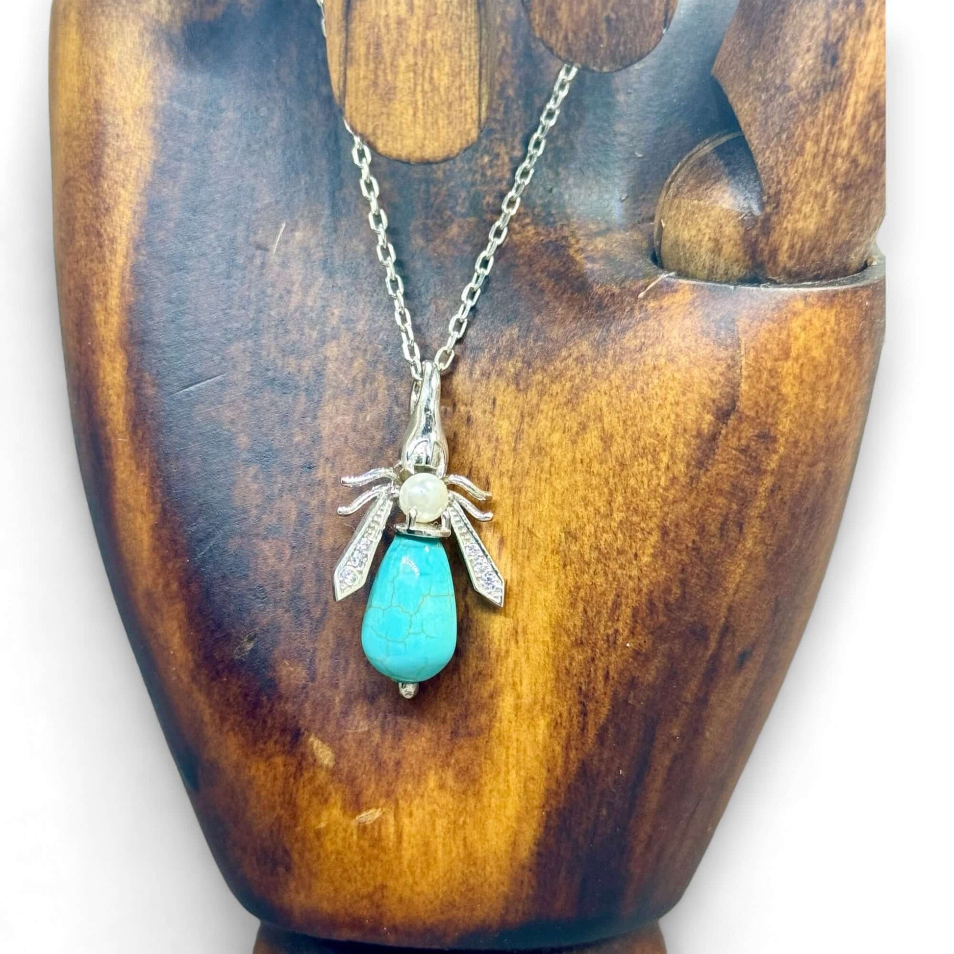 Turquoise & Pearl Gemstone Bee Pendant Sterling Silver Necklace - Twelve Silver Trees