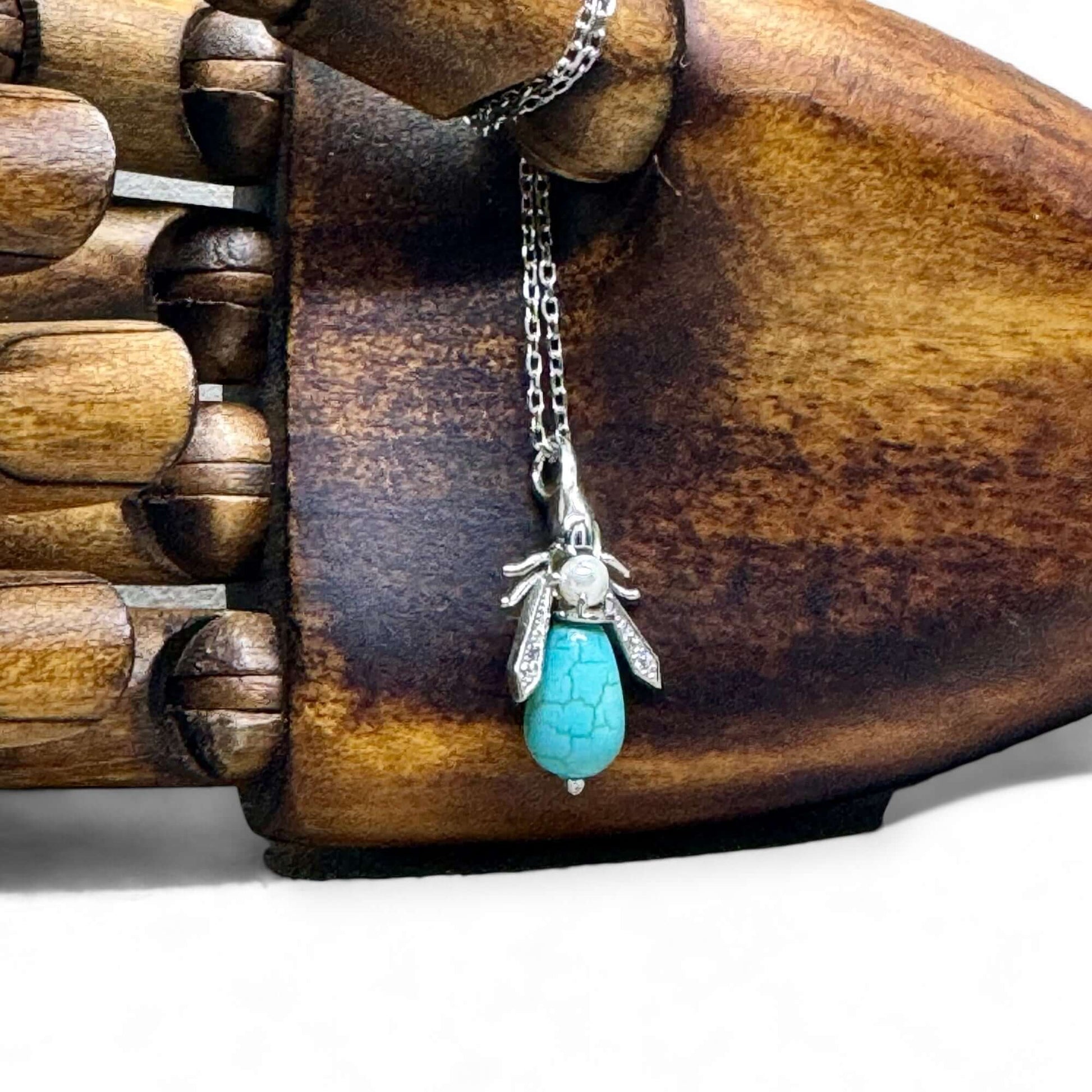 Turquoise & Pearl Gemstone Bee Pendant Sterling Silver Necklace - Twelve Silver Trees