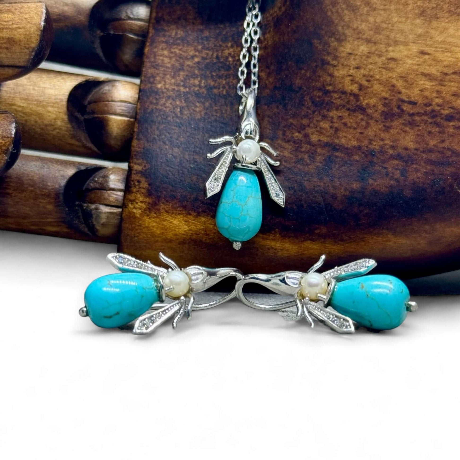 Turquoise & Pearl Gemstone Bee Pendant Sterling Silver Necklace - Twelve Silver Trees