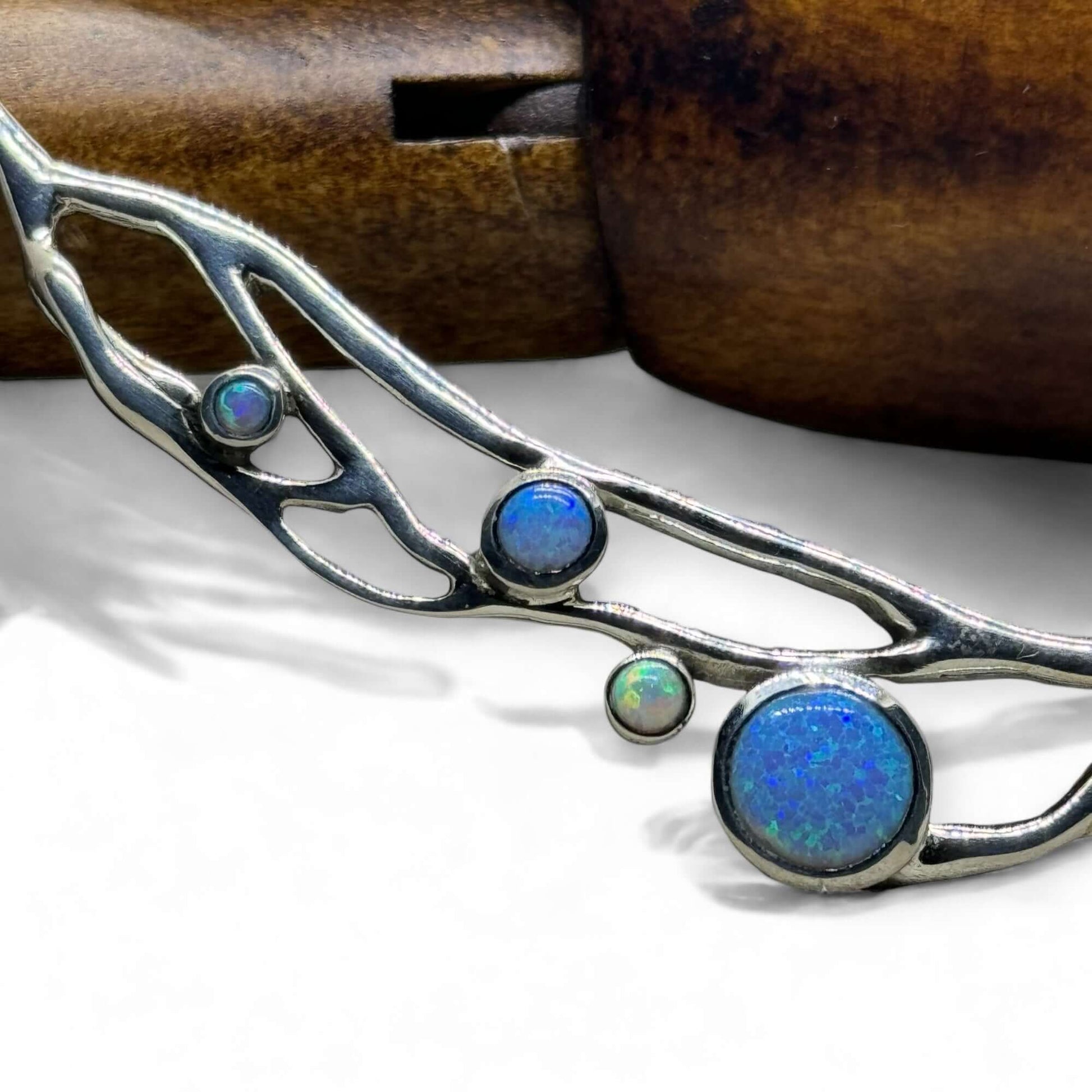 Blue and White Opal Organic Crescent Necklace - Twelve Silver Trees