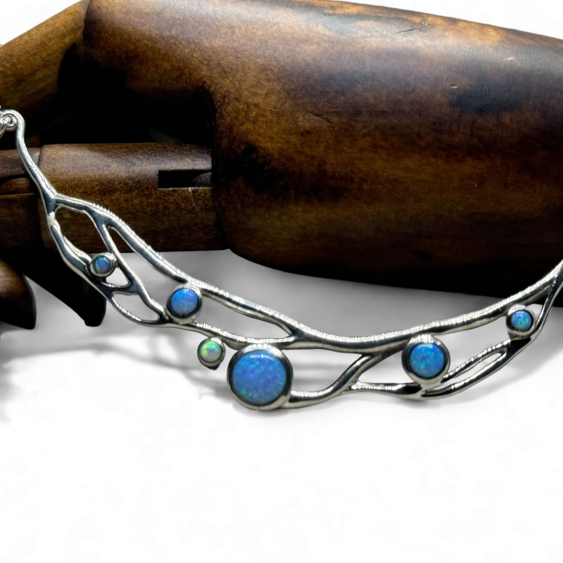 Blue and White Opal Organic Crescent Necklace - Twelve Silver Trees