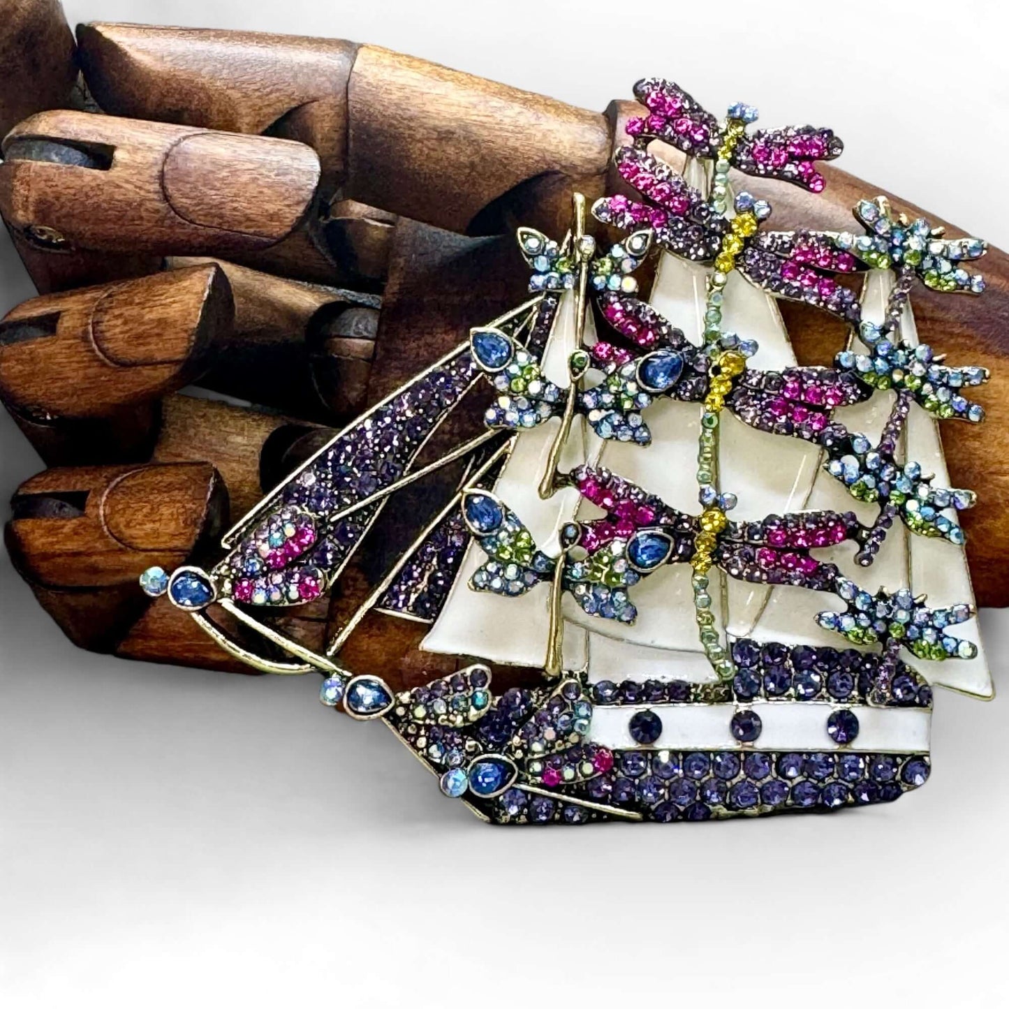 The Dragonfly Yacht - Statement Sailing Ship Crystal Brooch - Twelve Silver Trees