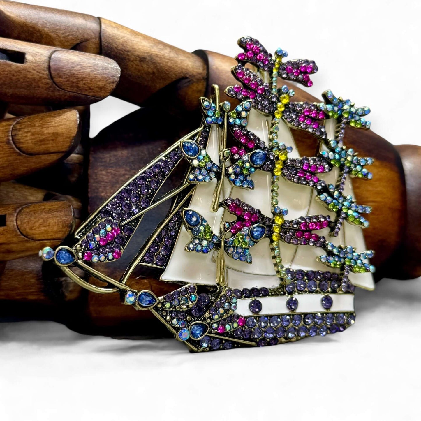 The Dragonfly Yacht - Statement Sailing Ship Crystal Brooch - Twelve Silver Trees