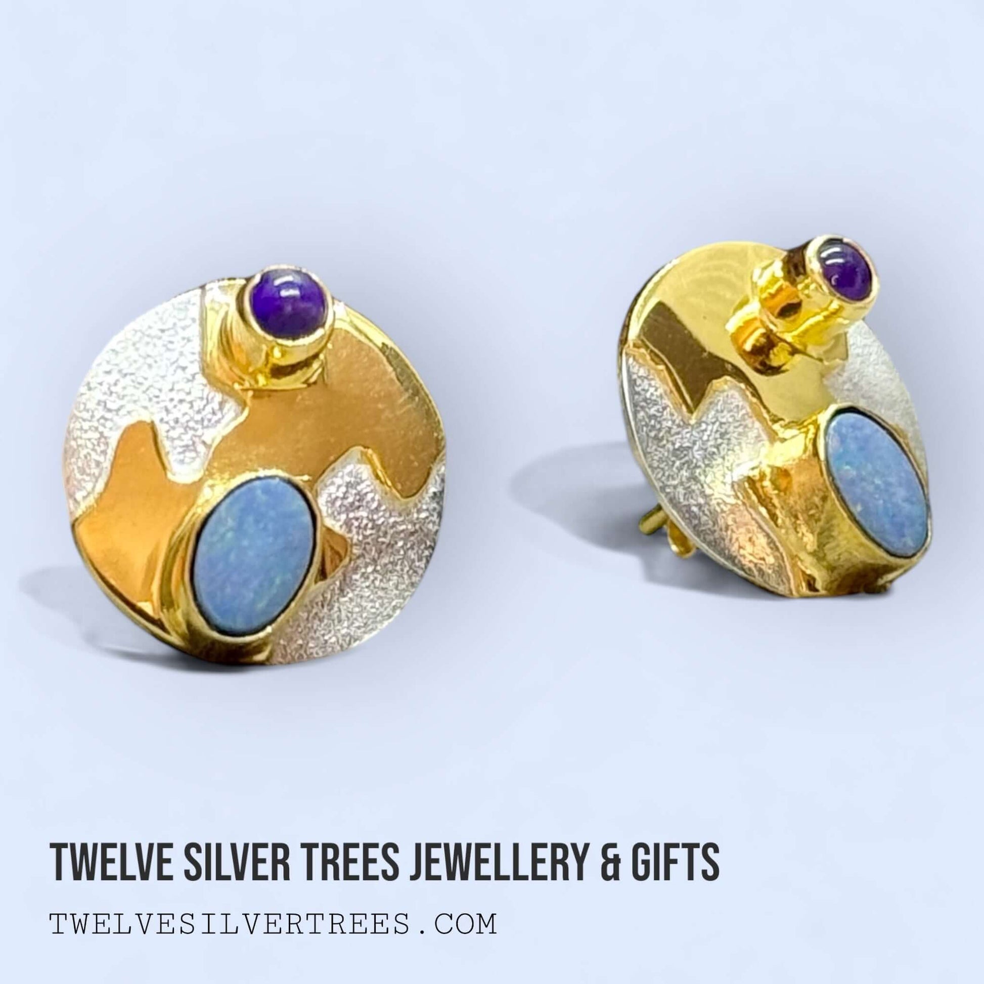 Monet Reflections Water Lily Stud Earrings - Sterling Silver with Opal & Amethyst - Twelve Silver Trees