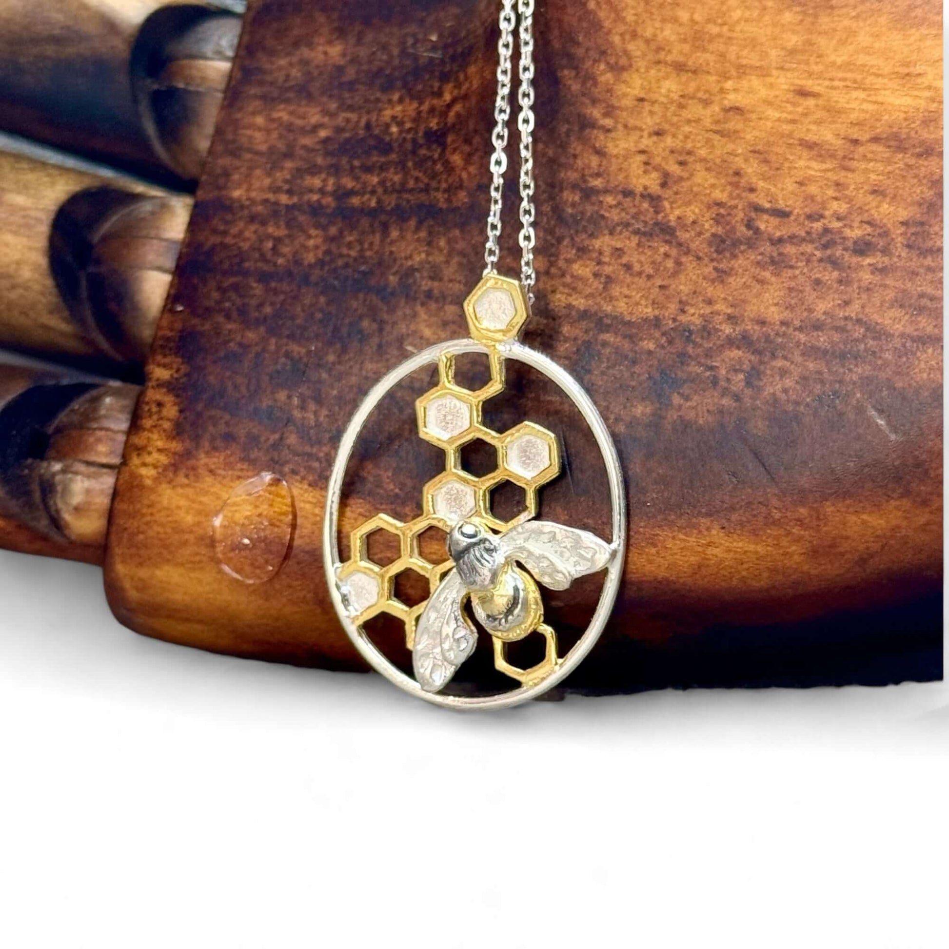 Handmade Sterling Silver Bee on Honeycomb Pendant - Twelve Silver Trees