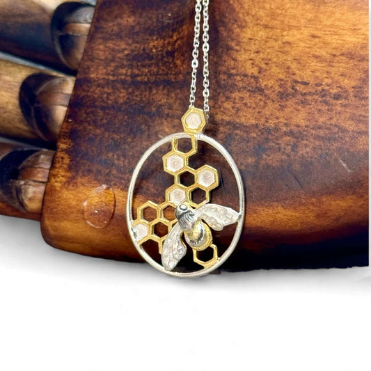 Handmade Sterling Silver Bee on Honeycomb Pendant - Twelve Silver Trees