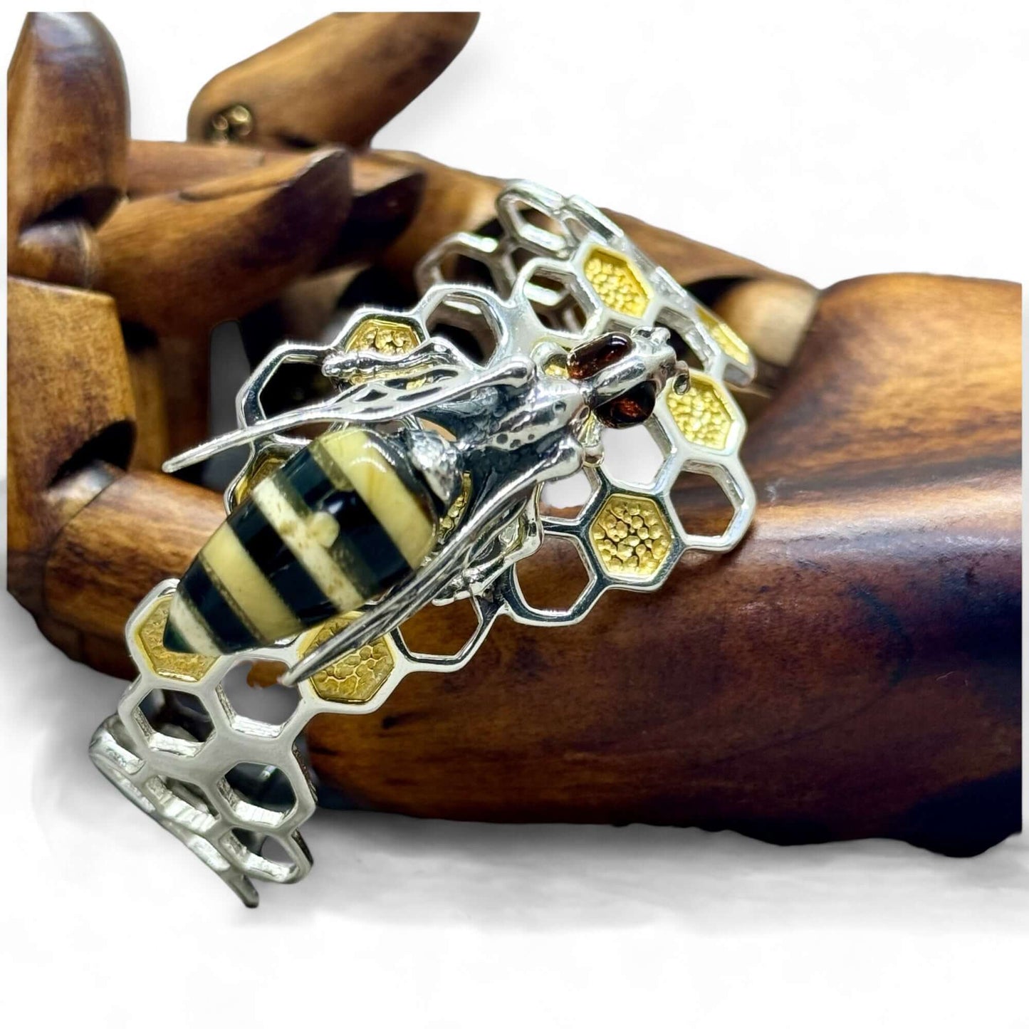 Amber Bee on Honeycomb Open Sterling Silver Cuff Bracelet - Twelve Silver Trees