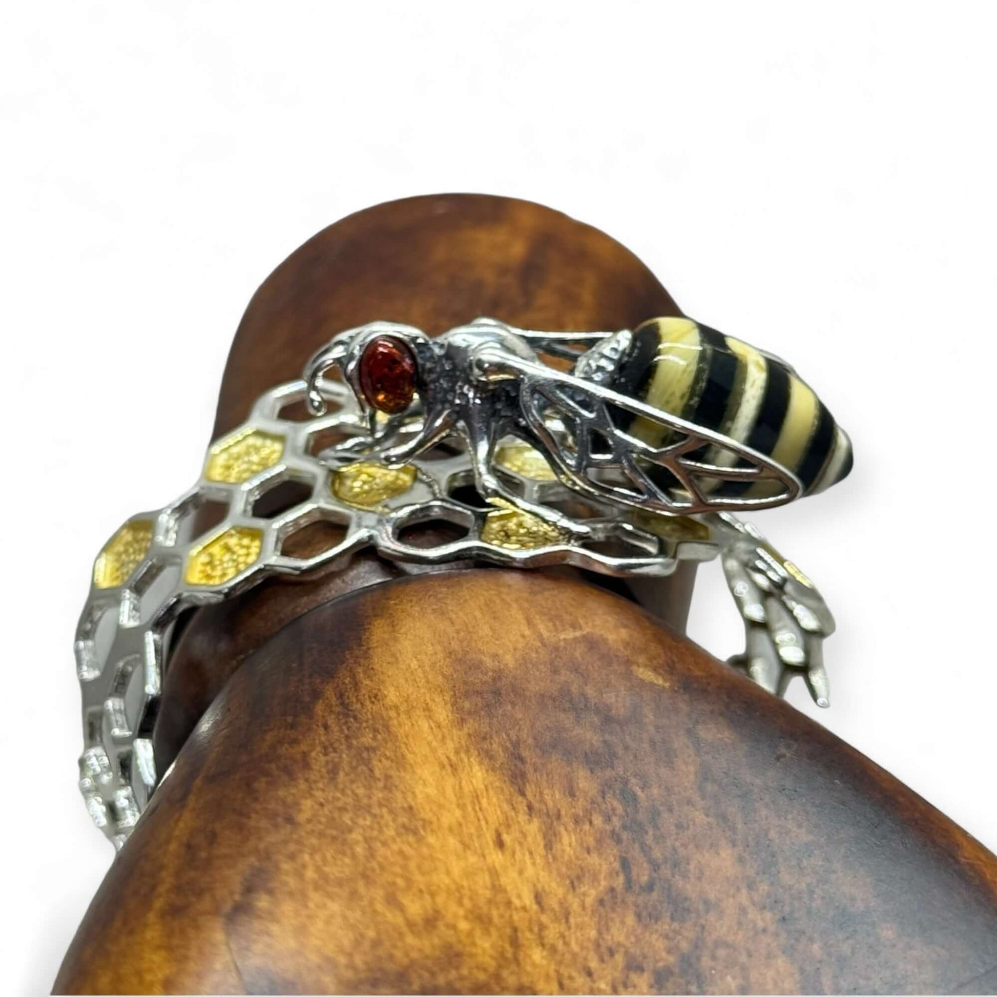 Amber Bee on Honeycomb Open Sterling Silver Cuff Bracelet - Twelve Silver Trees