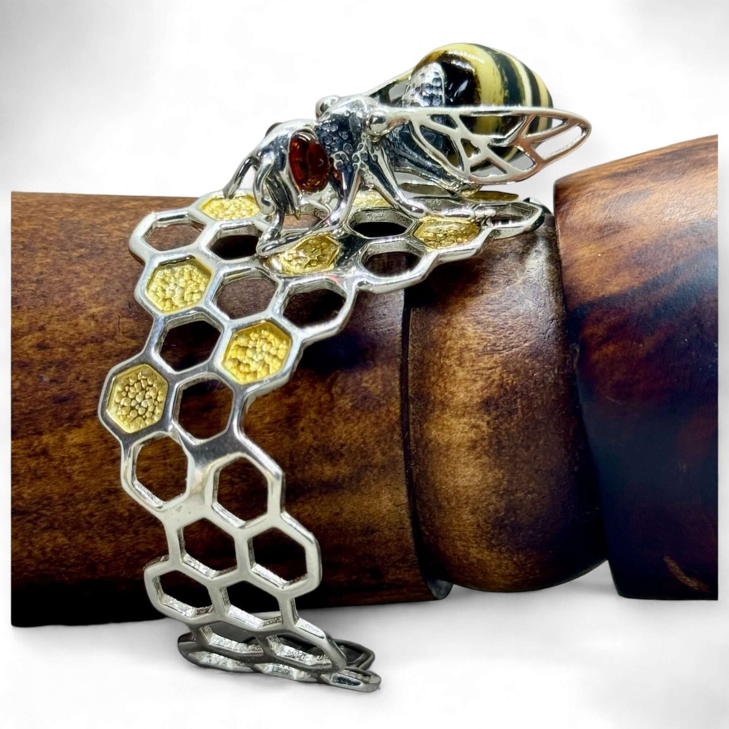 Amber Bee on Honeycomb Open Sterling Silver Cuff Bracelet - Twelve Silver Trees