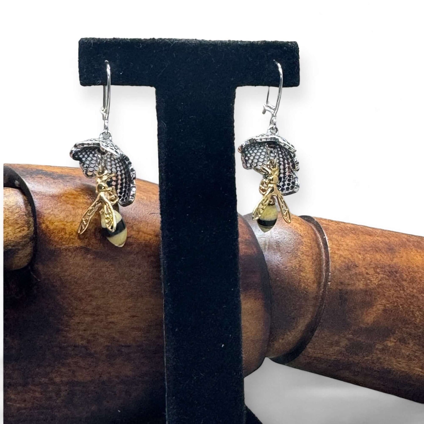 Multi Colour Amber Silver Bee On Honeycomb Earrings - Twelve Silver Trees