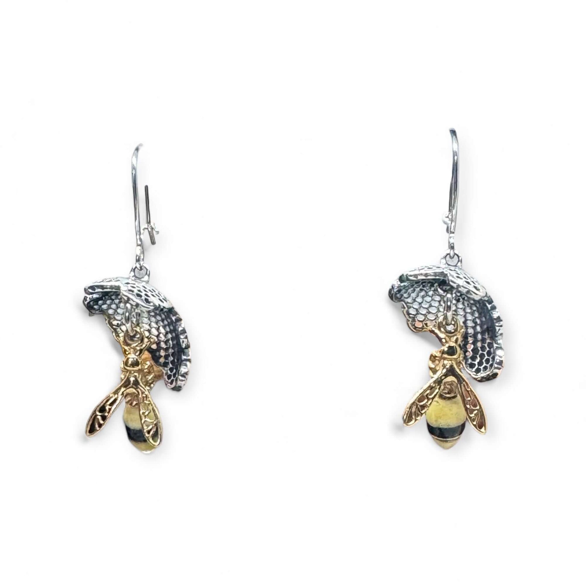 Multi Colour Amber Silver Bee On Honeycomb Earrings - Twelve Silver Trees