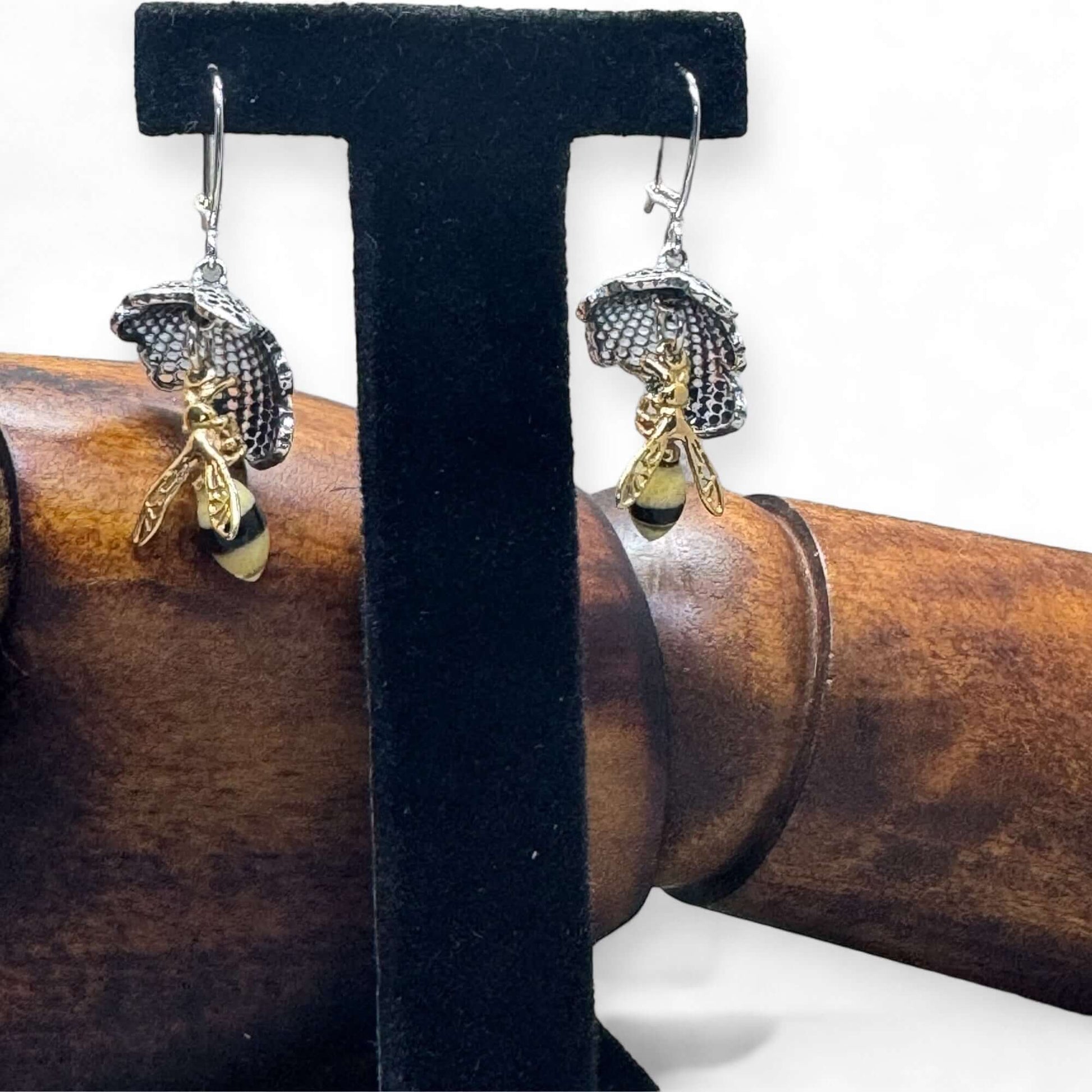 Multi Colour Amber Silver Bee On Honeycomb Earrings - Twelve Silver Trees