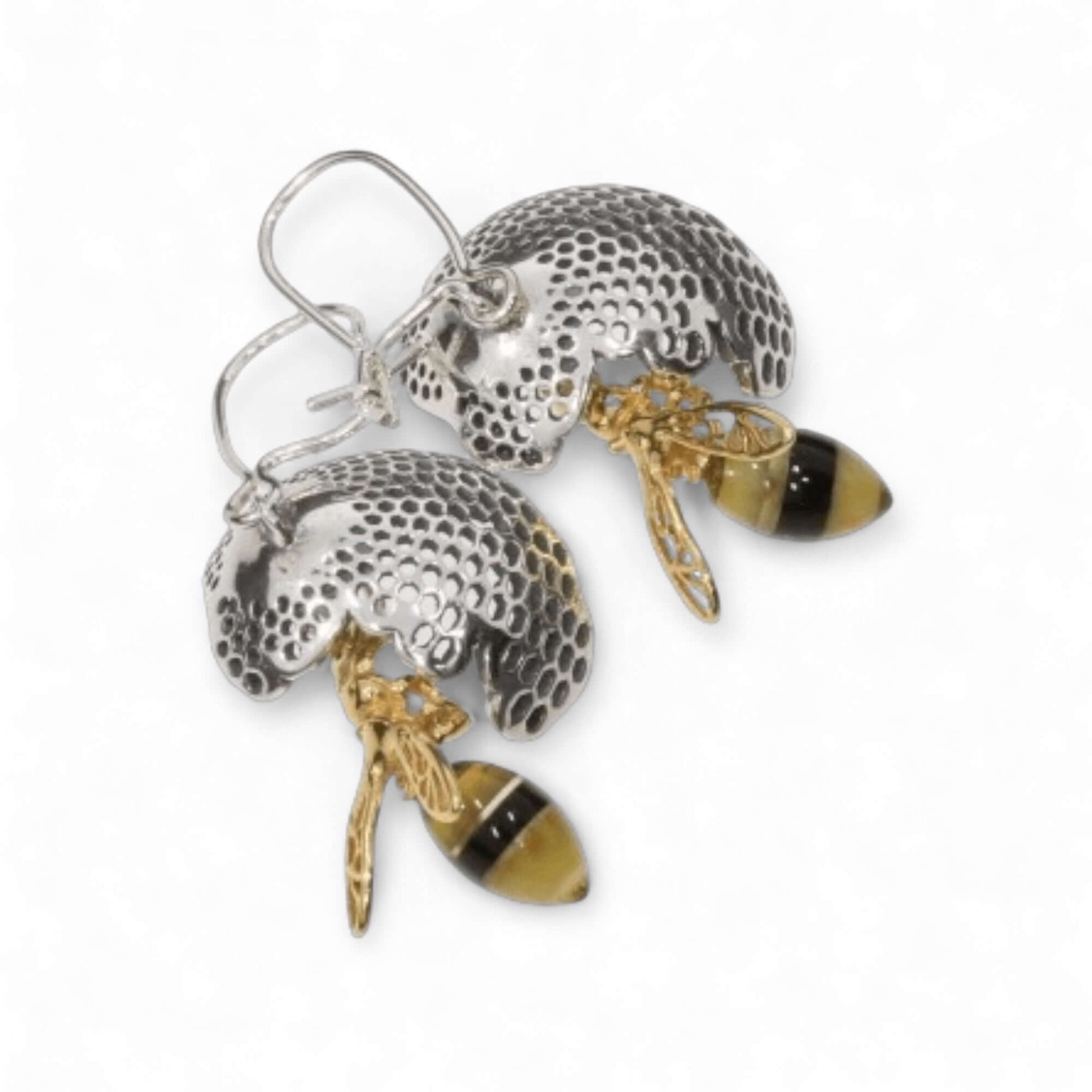 Multi Colour Amber Silver Bee On Honeycomb Earrings - Twelve Silver Trees