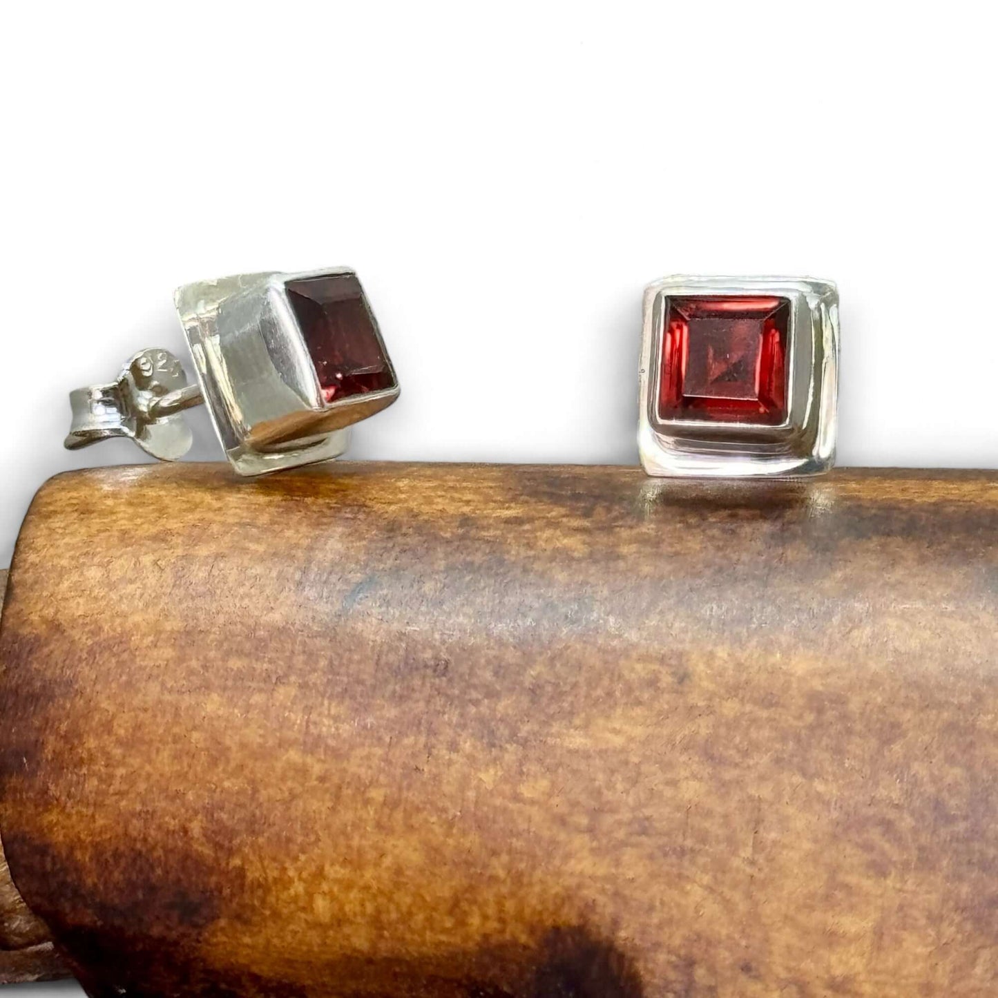 Garnet Double Set Square Stud Earrings - Twelve Silver Trees