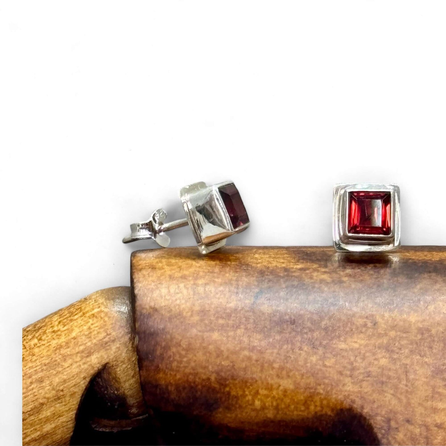 Garnet Double Set Square Stud Earrings - Twelve Silver Trees