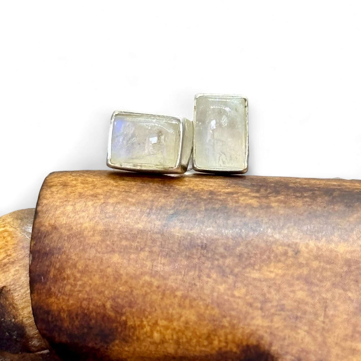 Moonstone Cabochon Rectangle Stud Earrings - Twelve Silver Trees